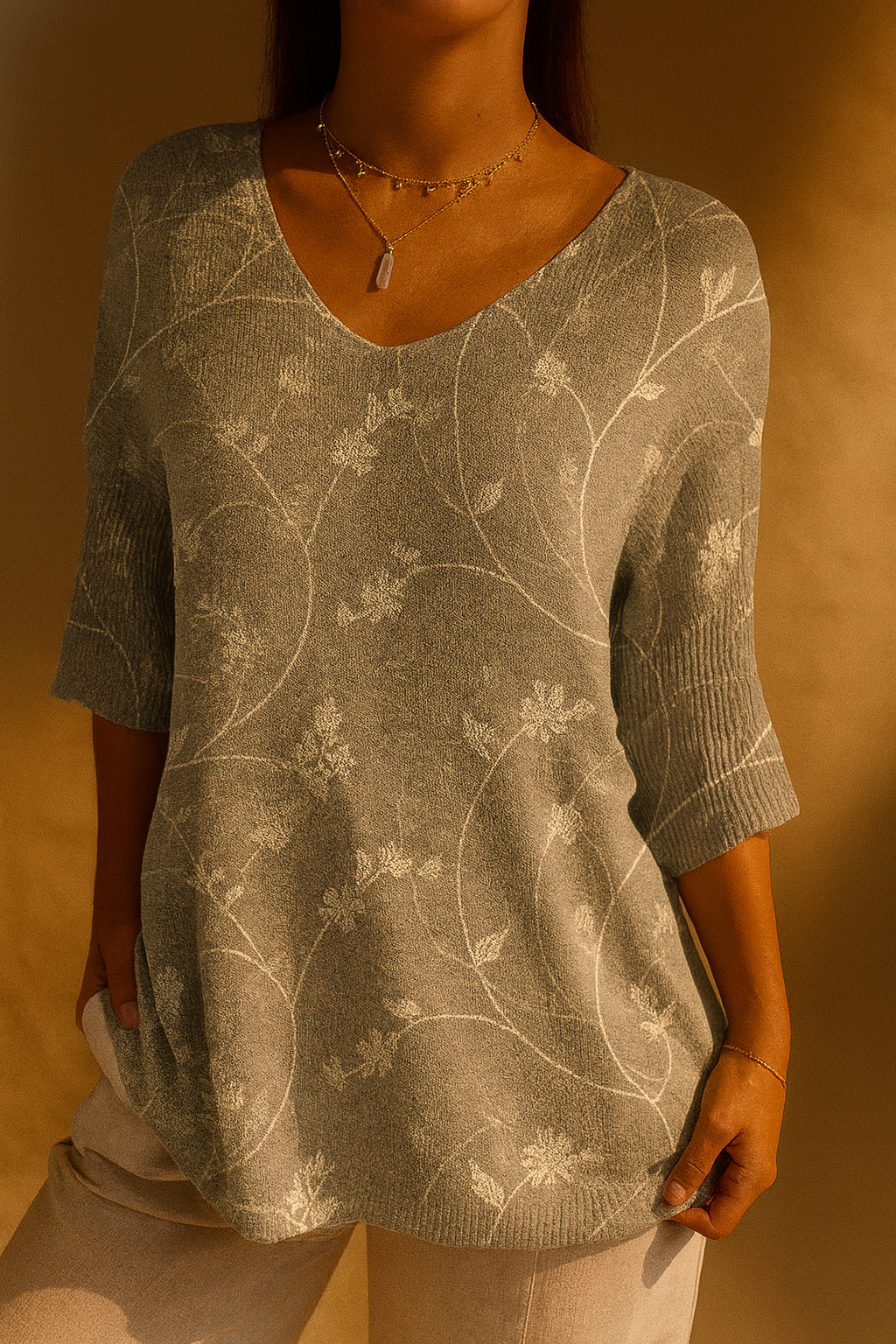 Floral Print V-Neck Half Sleeve Knit Top 2
