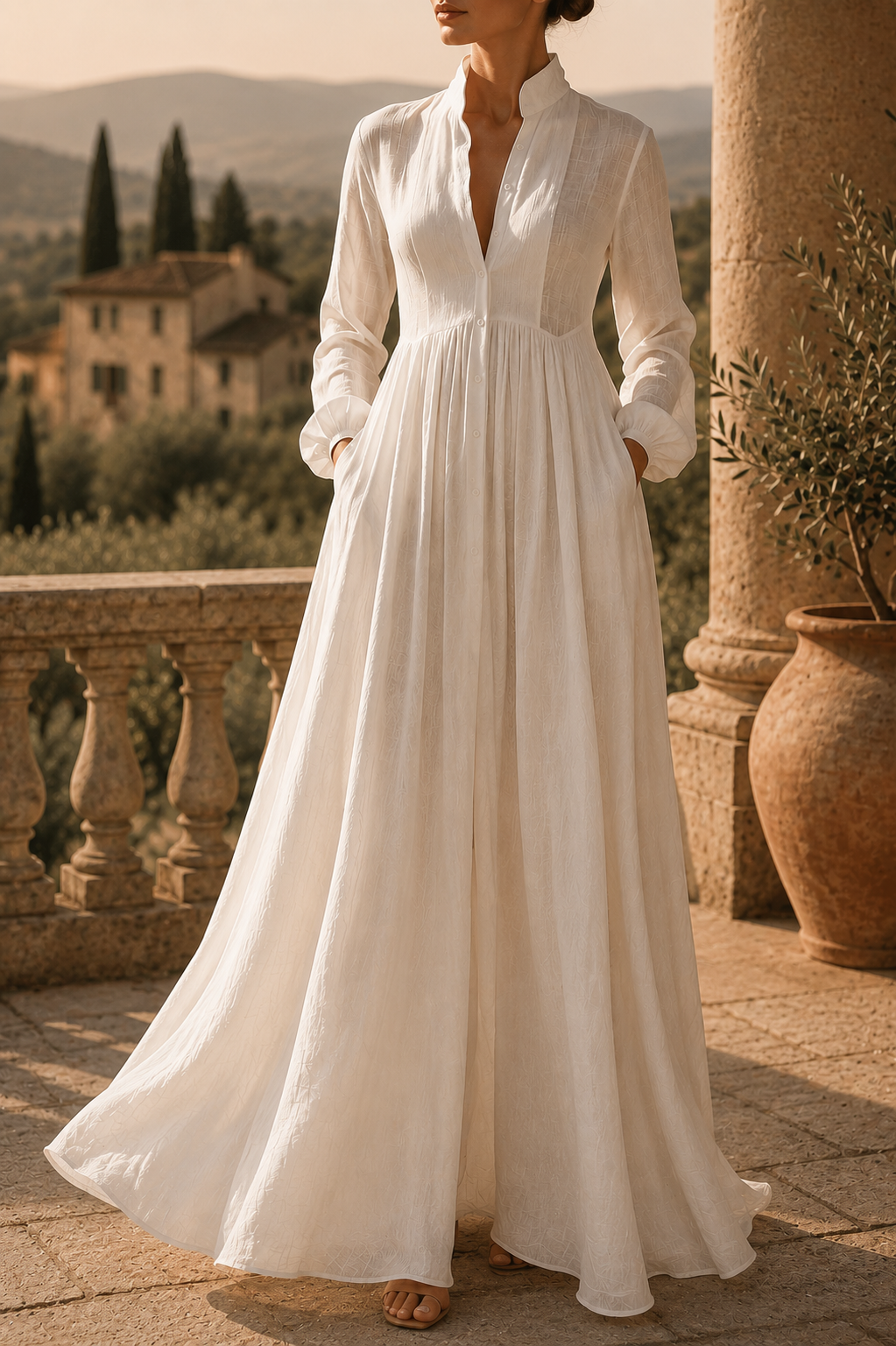 Stand Collar Long Sleeve Button Front Linen Look Maxi Shirt Dress