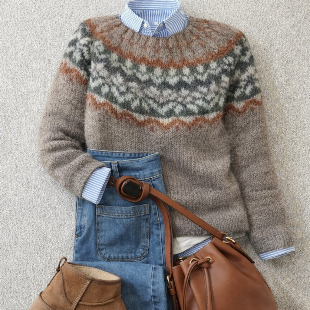 Crew Neck Fair Isle Nordic Knit Sweater