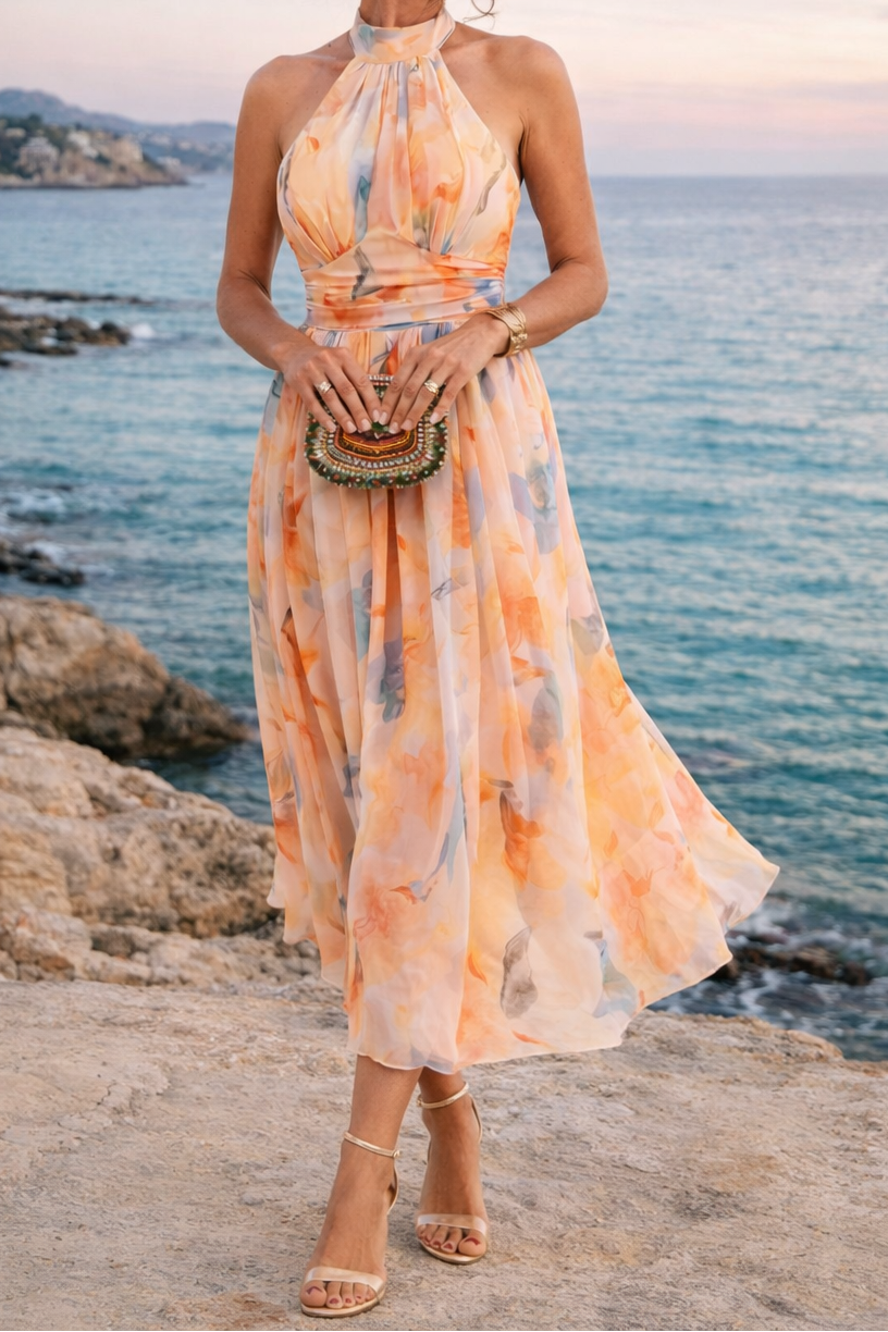 Floral Print Halter Neck Fit and Flare Maxi Dress 8