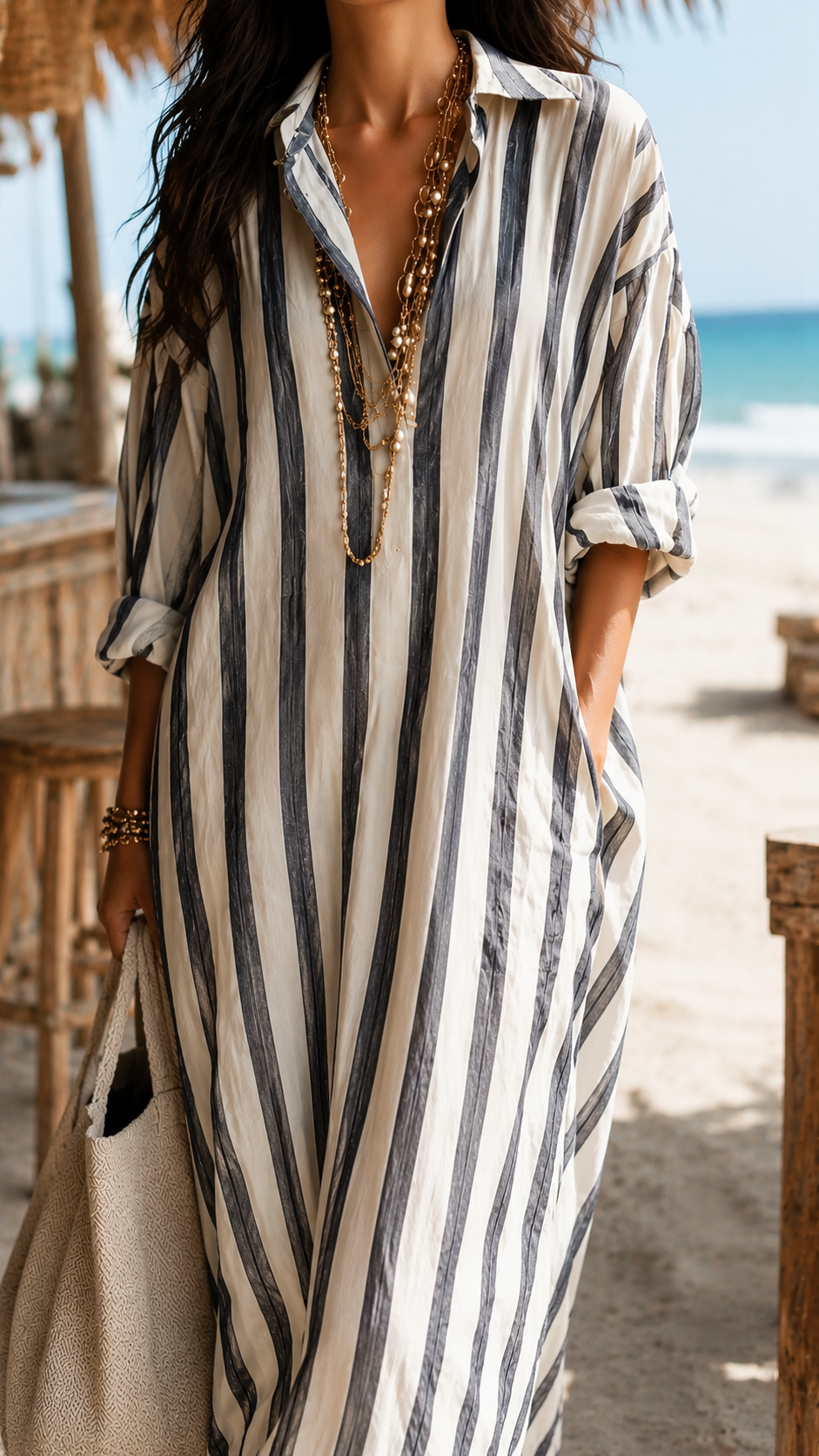 Striped Collared Button Front Shirt Maxi Dress 3