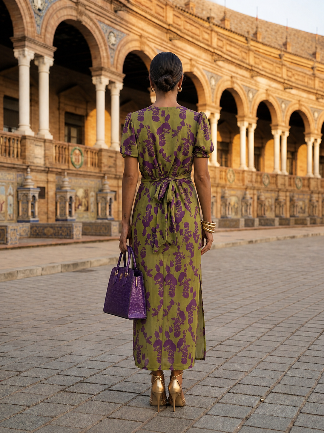Floral Print V-Neck Puff Sleeve Twist Front Midi Dress 2
