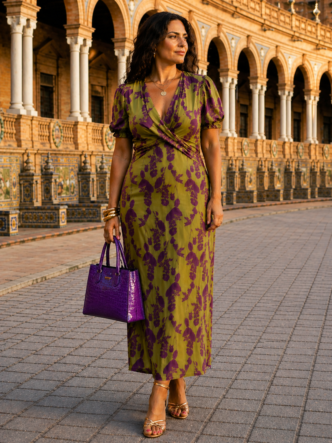 Floral Print V-Neck Puff Sleeve Twist Front Midi Dress 3