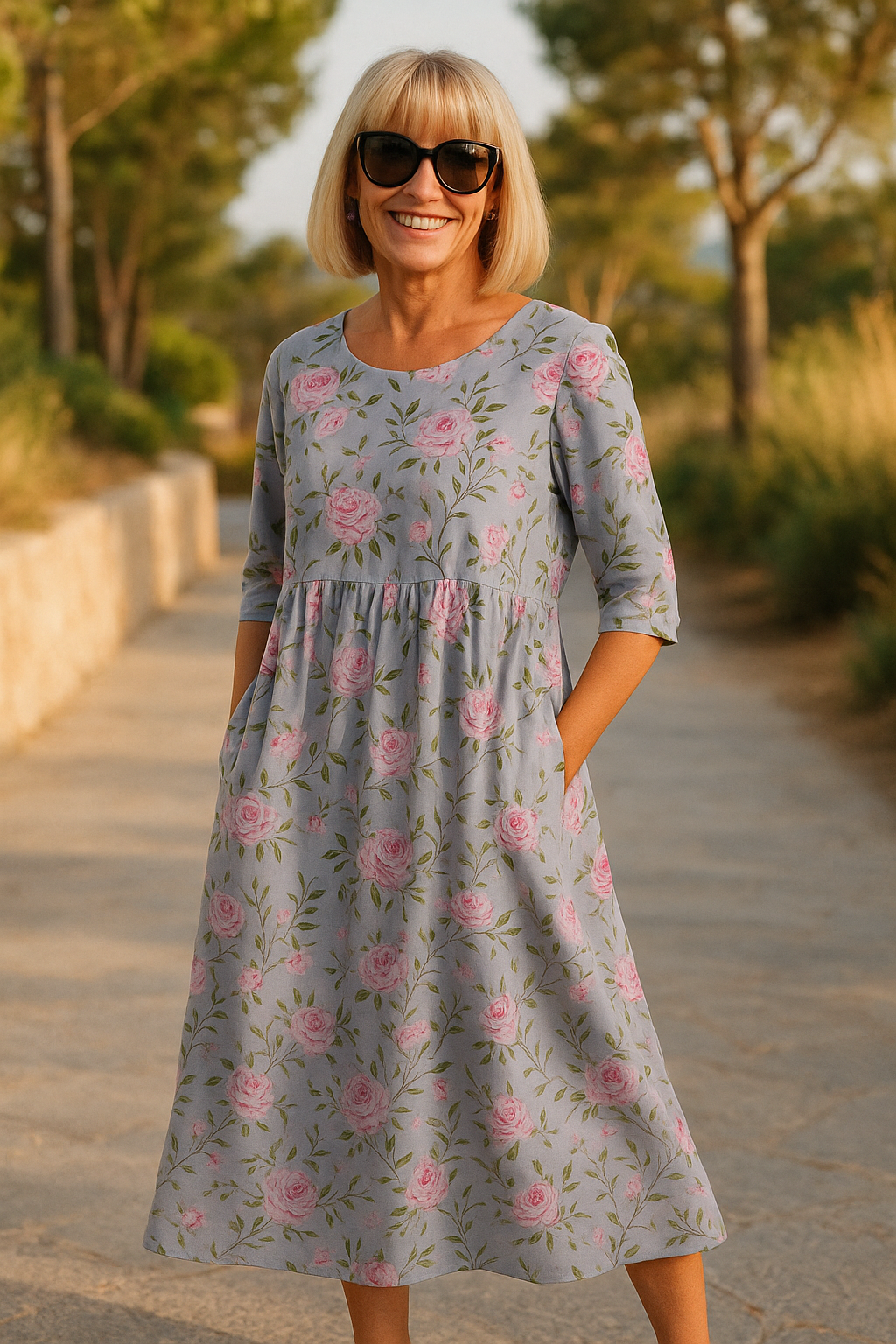 Floral Embroidered Round Neck Half Sleeve A-Line Midi Dress 8