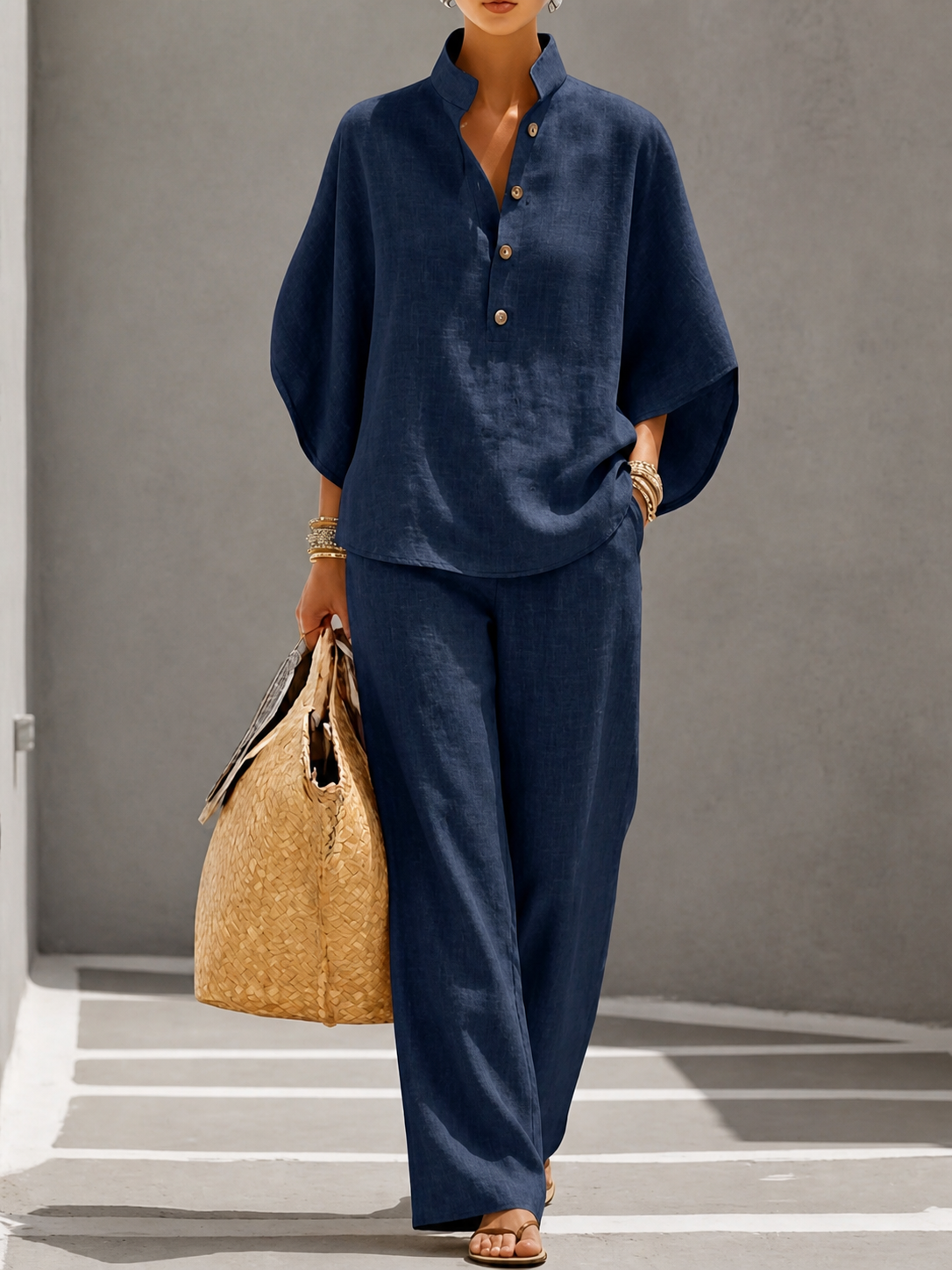 Stand Collar Button Front Top and Wide Leg Pants Two Piece Set