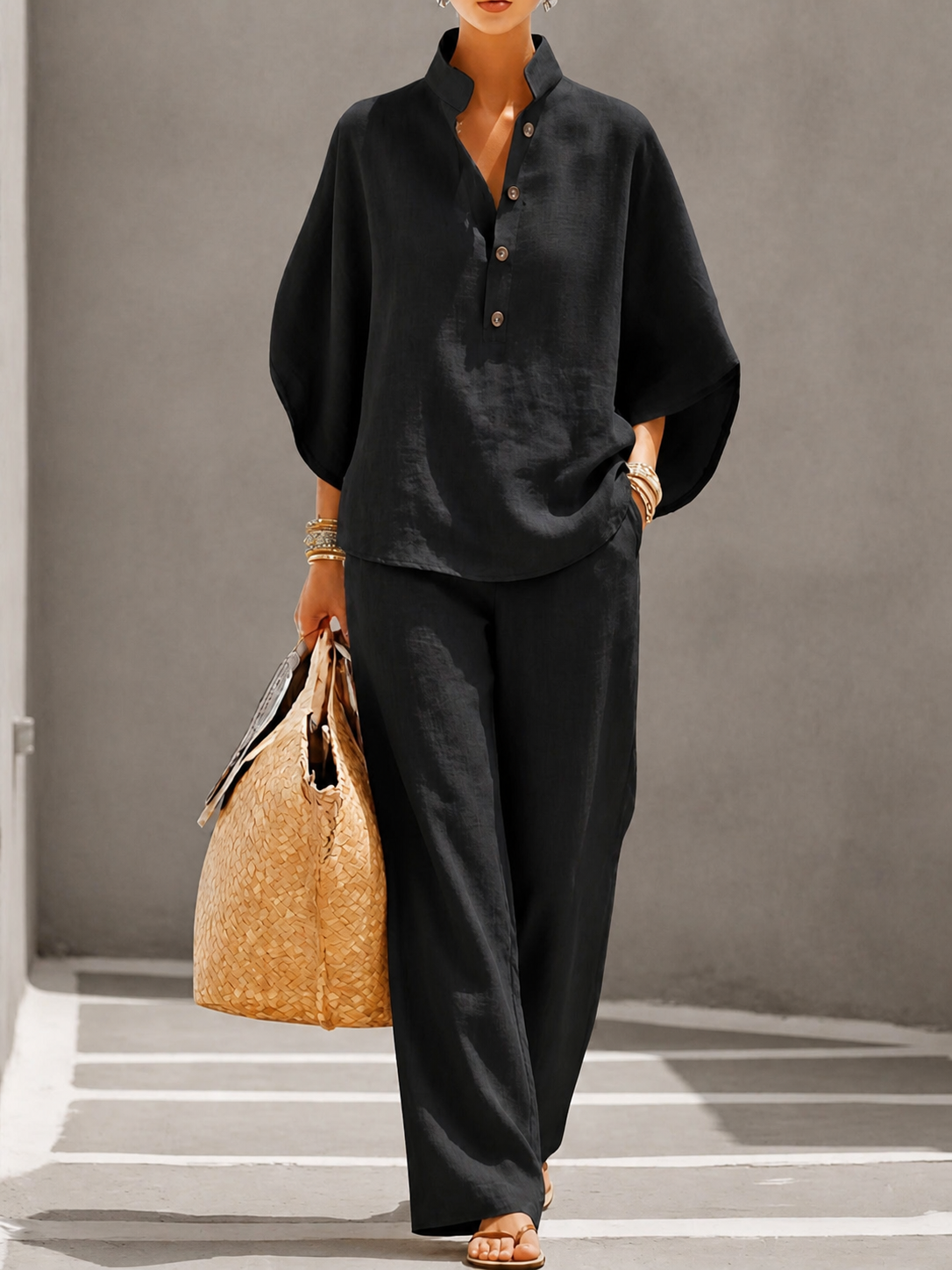 Stand Collar Button Front Top and Wide Leg Pants Two Piece Set 4