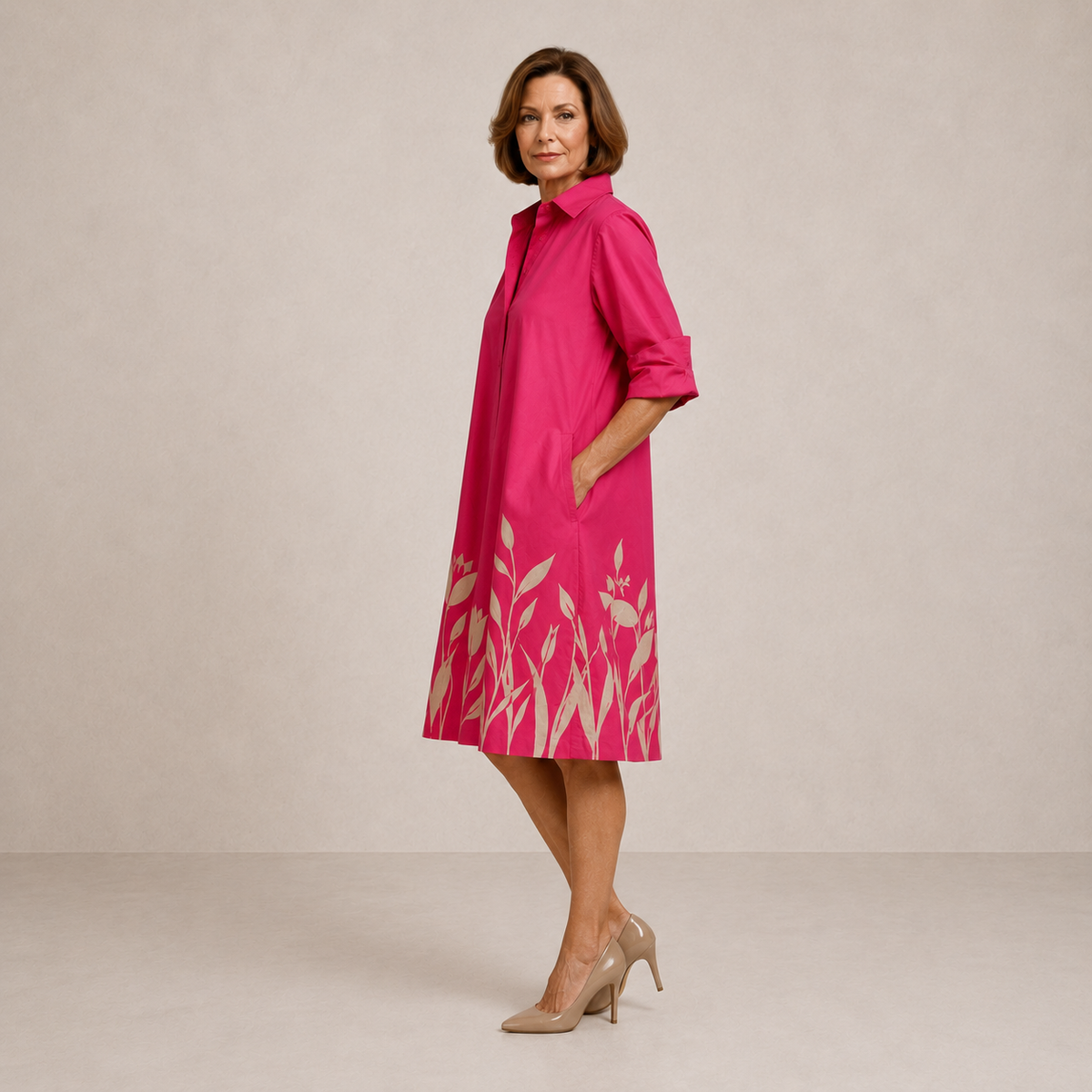 Tulip Print Collared Roll Sleeve A-Line Shirt Dress 3