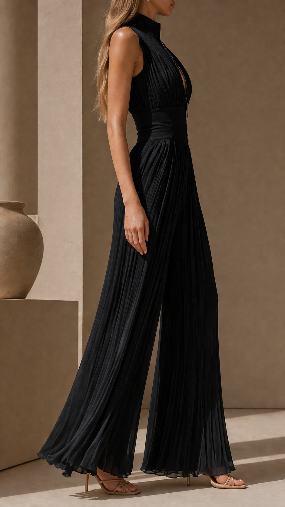 Satin Pleated High Neck Zip Front Wide Leg Jumpsuit 8