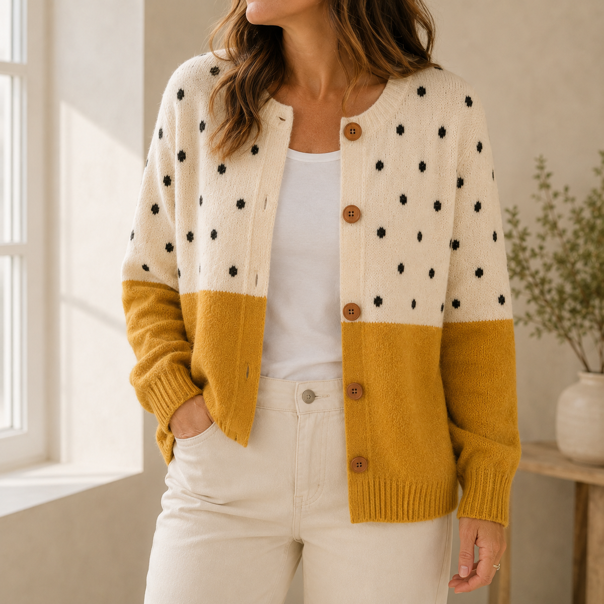 Polka Dot Color Block Round Neck Button Front Cardigan
