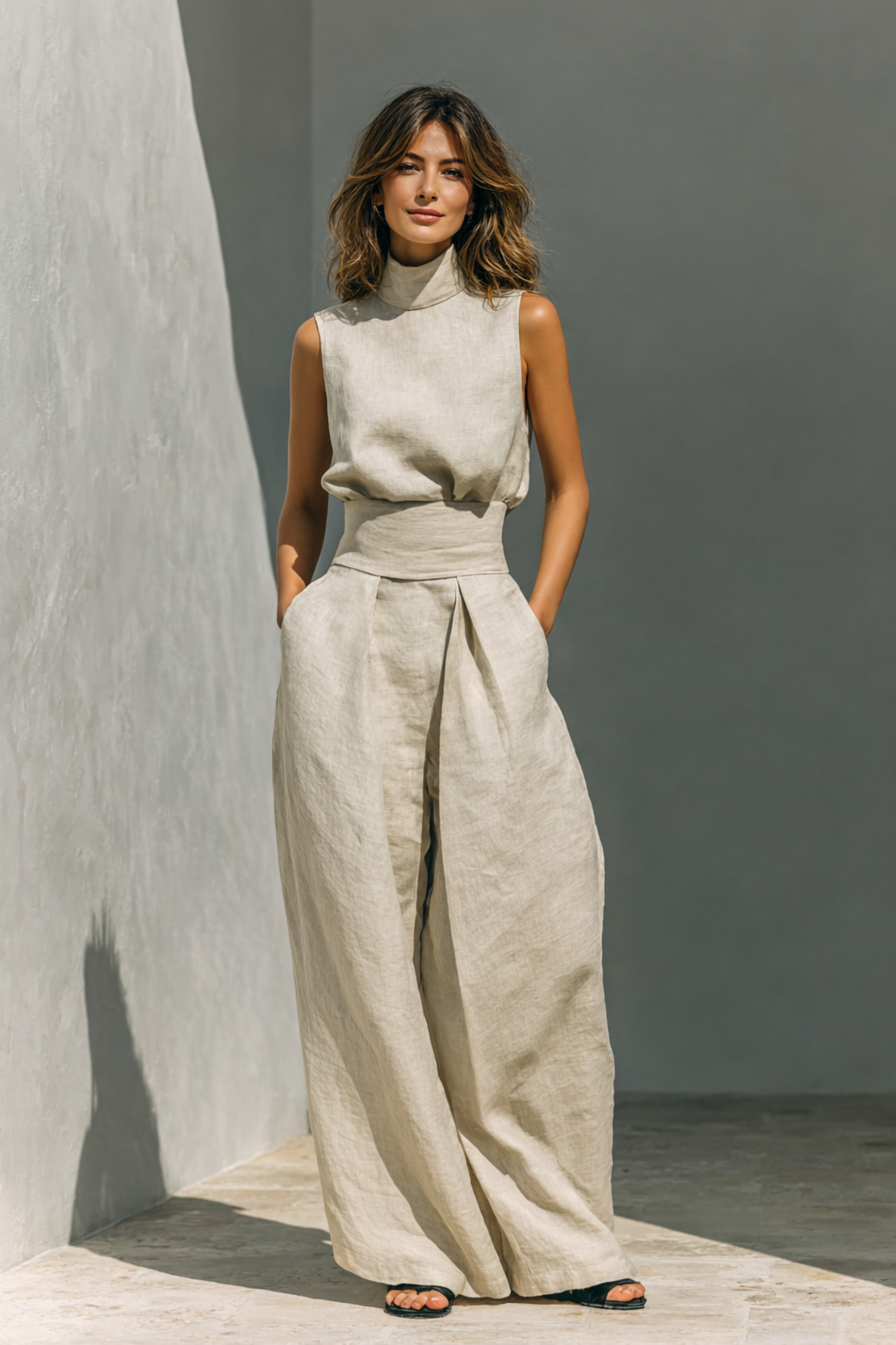 High Neck Sleeveless Top and Wide Leg Pants Two Piece Set 2