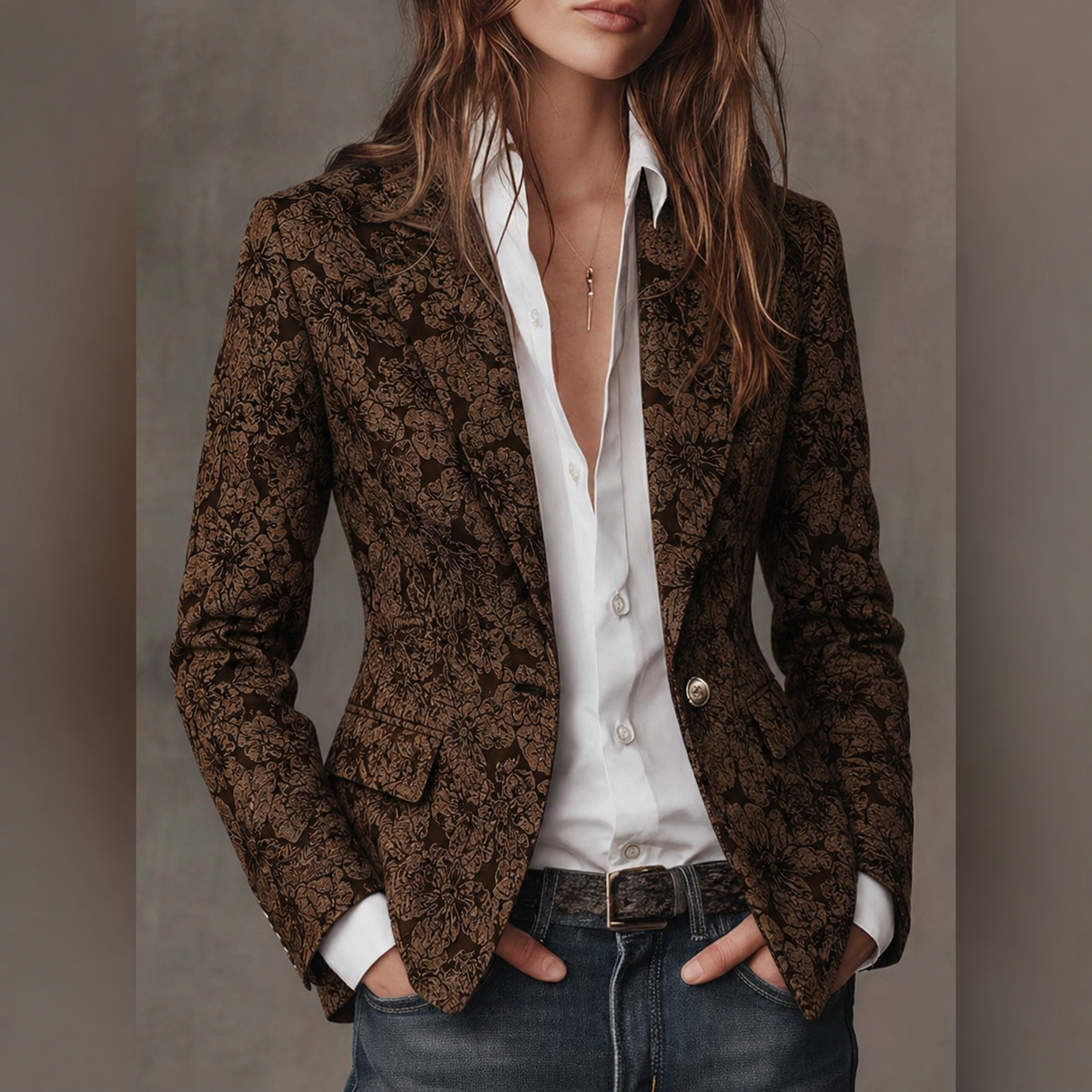 Floral Jacquard Notched Lapel Single Button Blazer