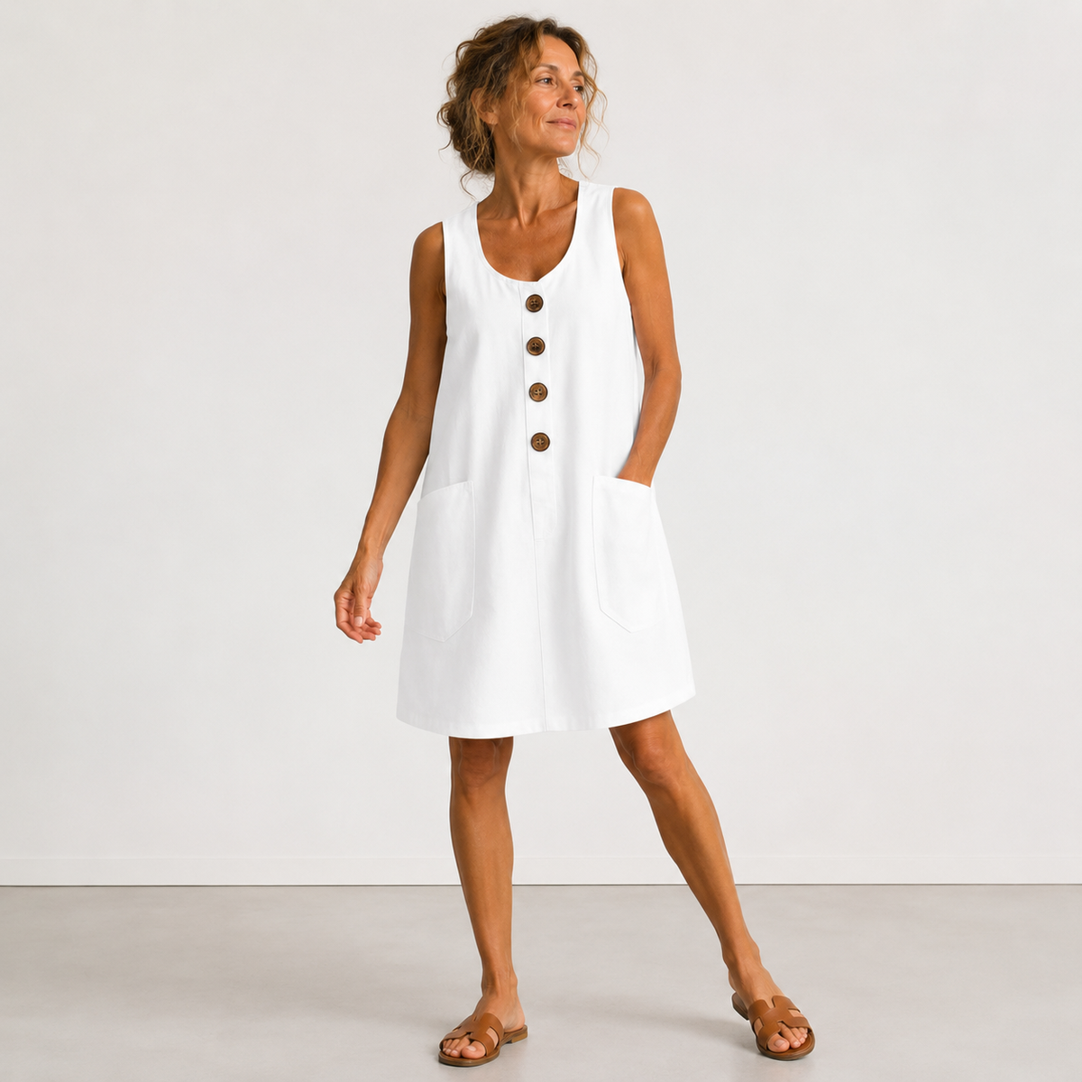 Scoop Neck Sleeveless Button Front Patch Pocket A-Line Mini Dress