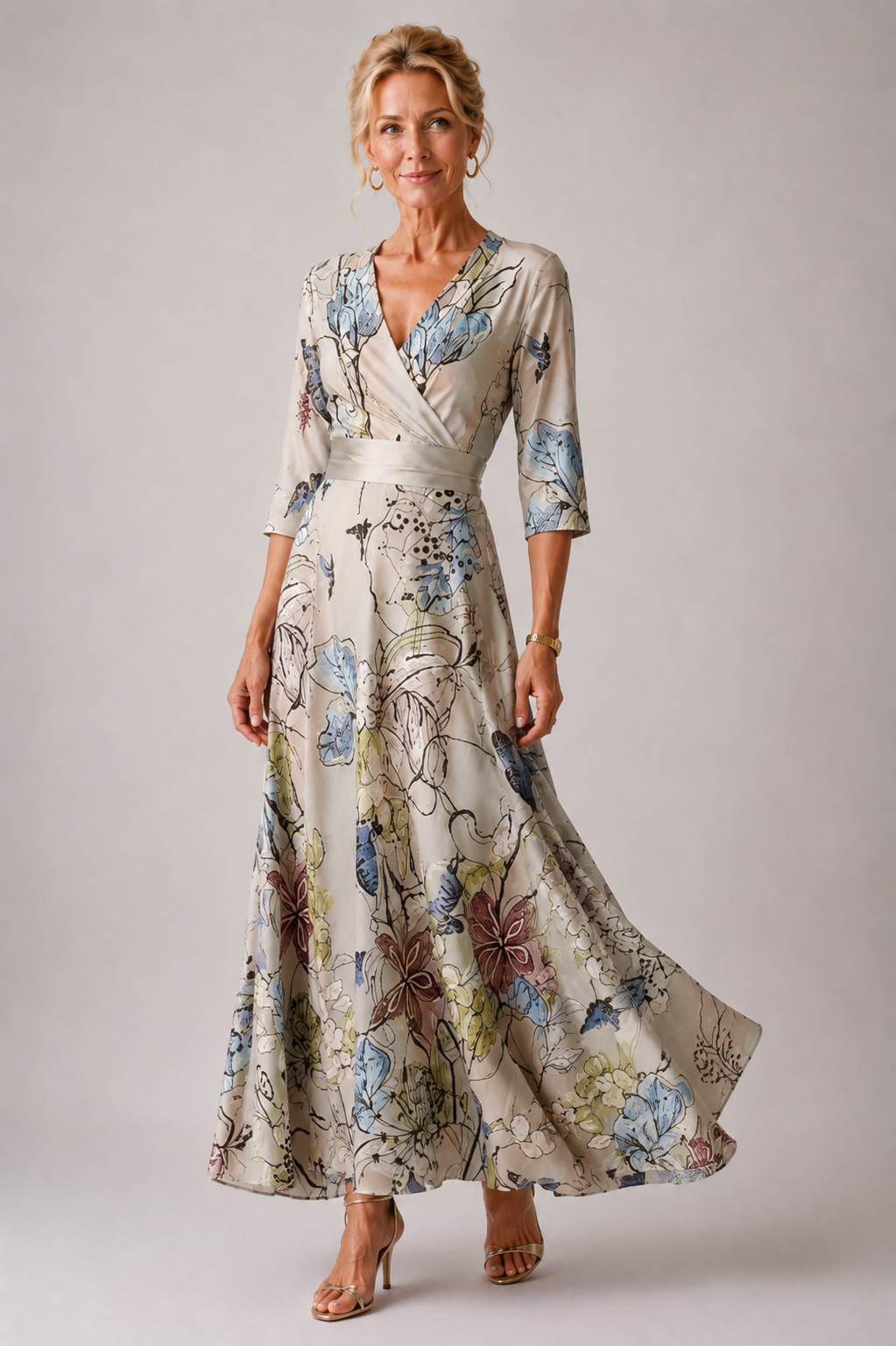 Floral Satin Wrap V-Neck Three Quarter Sleeve Maxi Dress 3