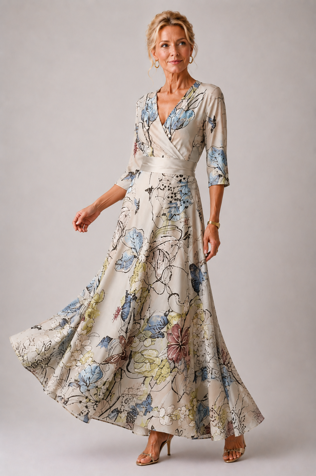 Floral Satin Wrap V-Neck Three Quarter Sleeve Maxi Dress 4