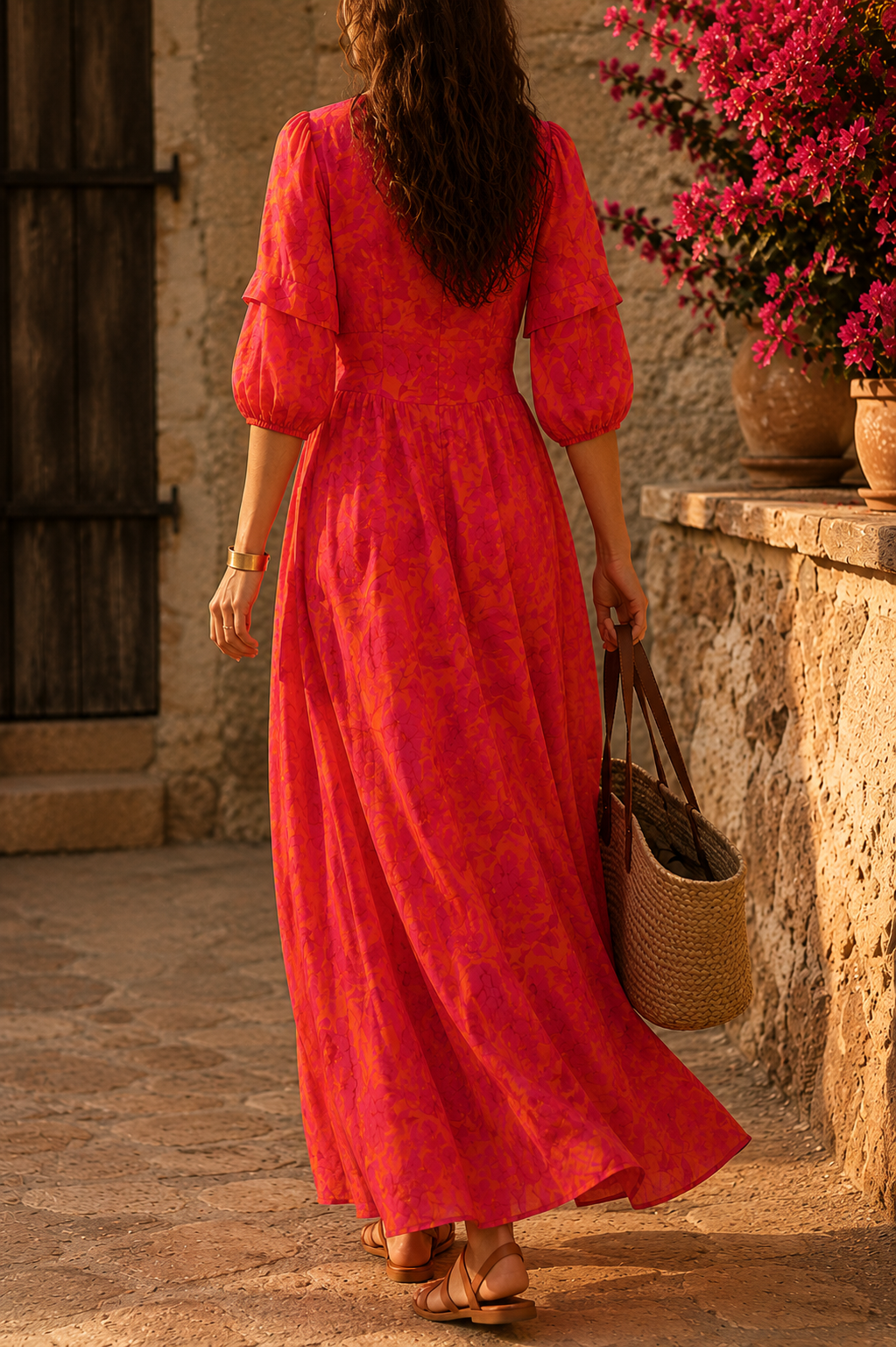 Floral V-Neck Puff Sleeve Button Front Maxi Dress 3