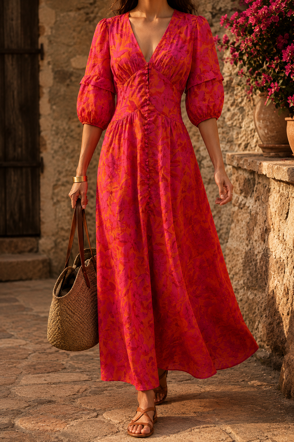 Floral V-Neck Puff Sleeve Button Front Maxi Dress