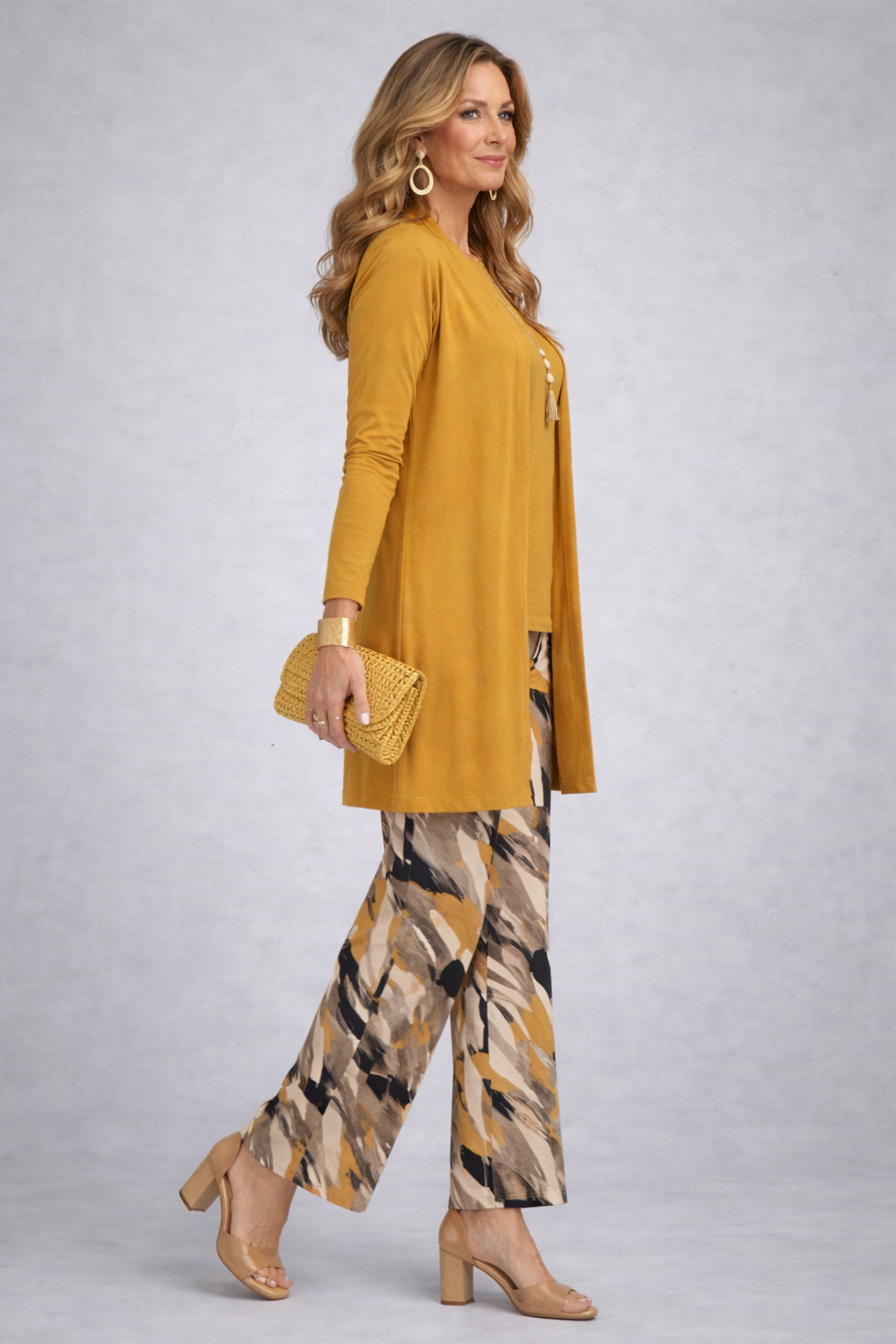 Long Cardigan Sleeveless Top and Printed Wide Leg Pants Three Piece Set 2