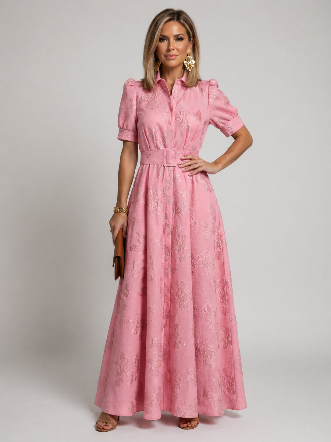 Floral Jacquard Collared Short Sleeve Belted A-Line Maxi Shirt Dress 8
