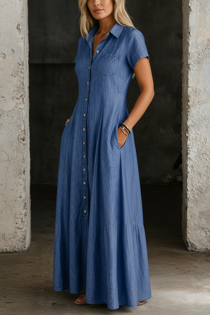 Denim Short Sleeve Button Front Tiered Maxi Shirt Dress 2