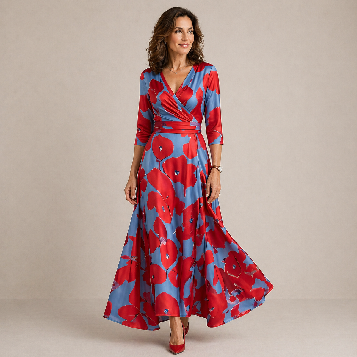 Floral V-Neck Wrap Three Quarter Sleeve Satin Maxi Dress