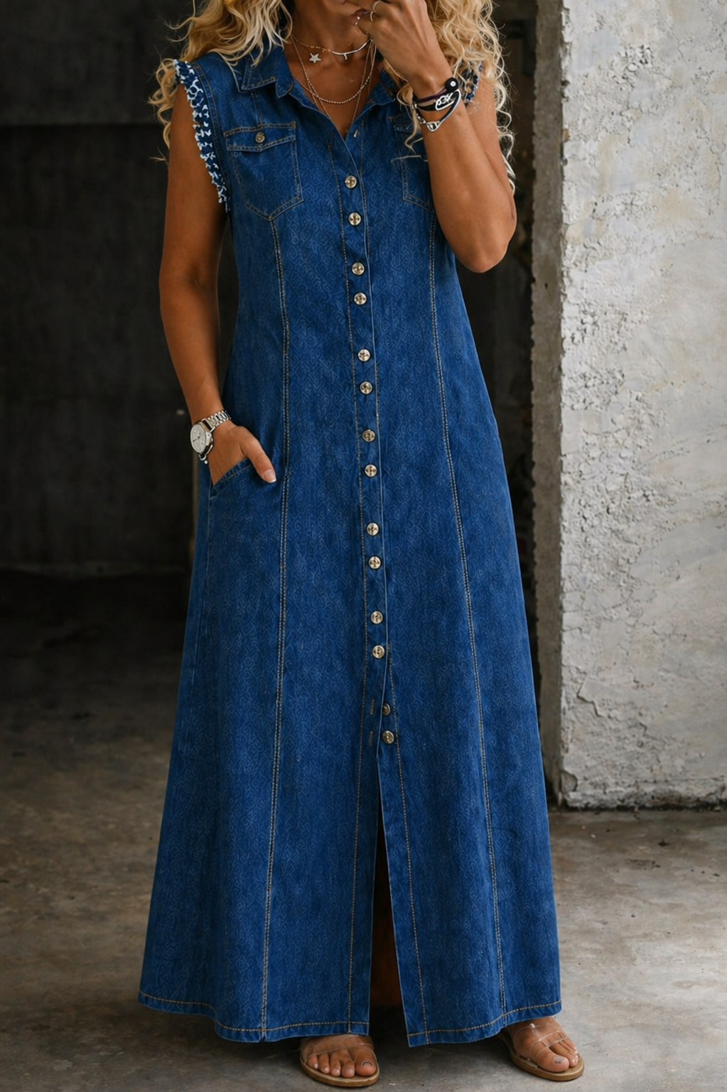 Button Front Ruffle Sleeve Denim Maxi Dress 2