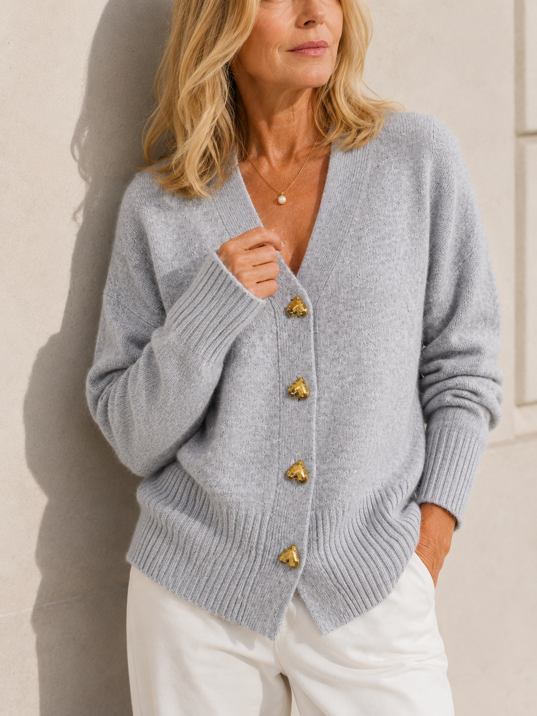 V-Neck Button Front Heart Button Oversized Cardigan 4