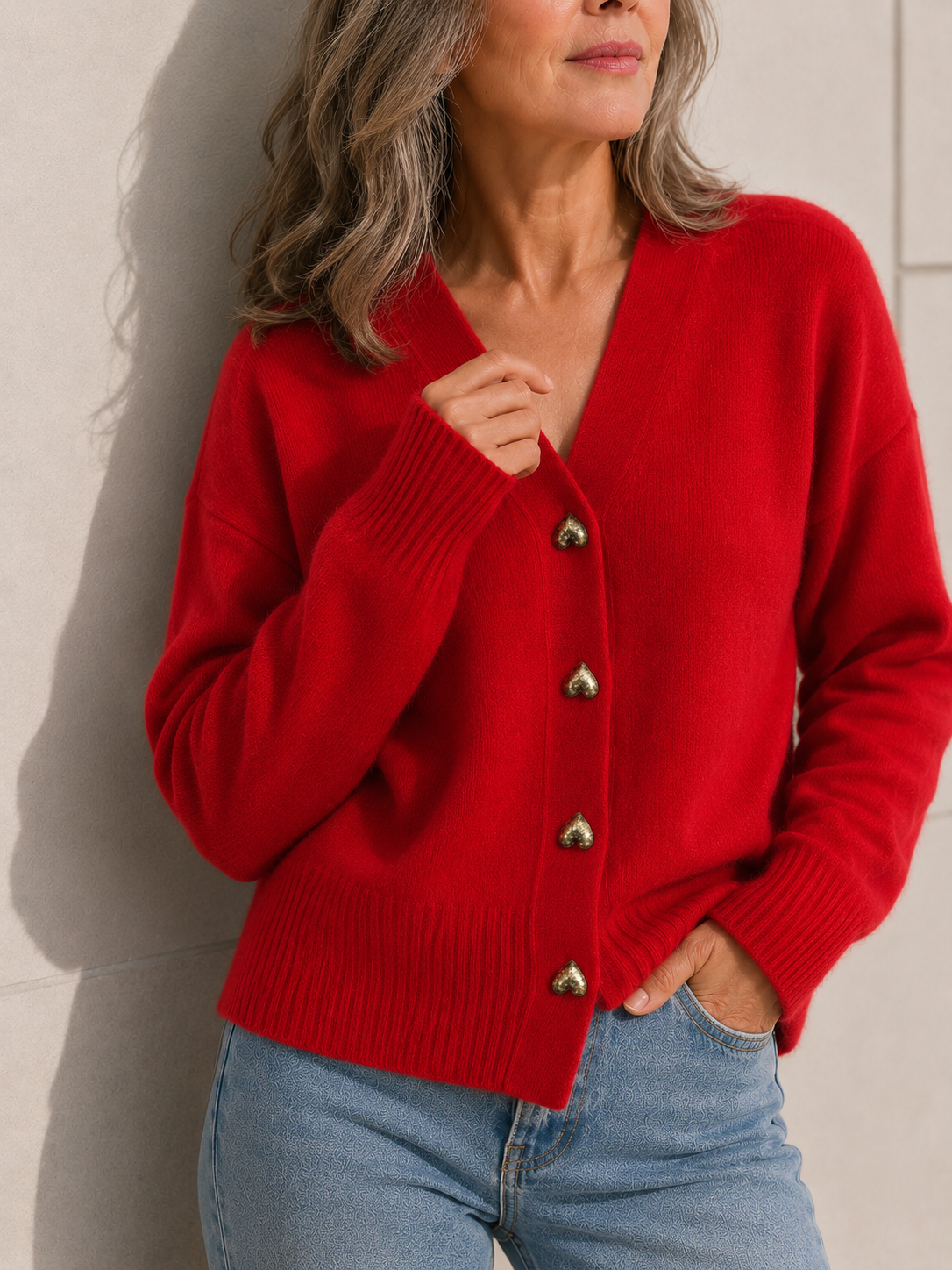 V-Neck Button Front Heart Button Oversized Cardigan 7