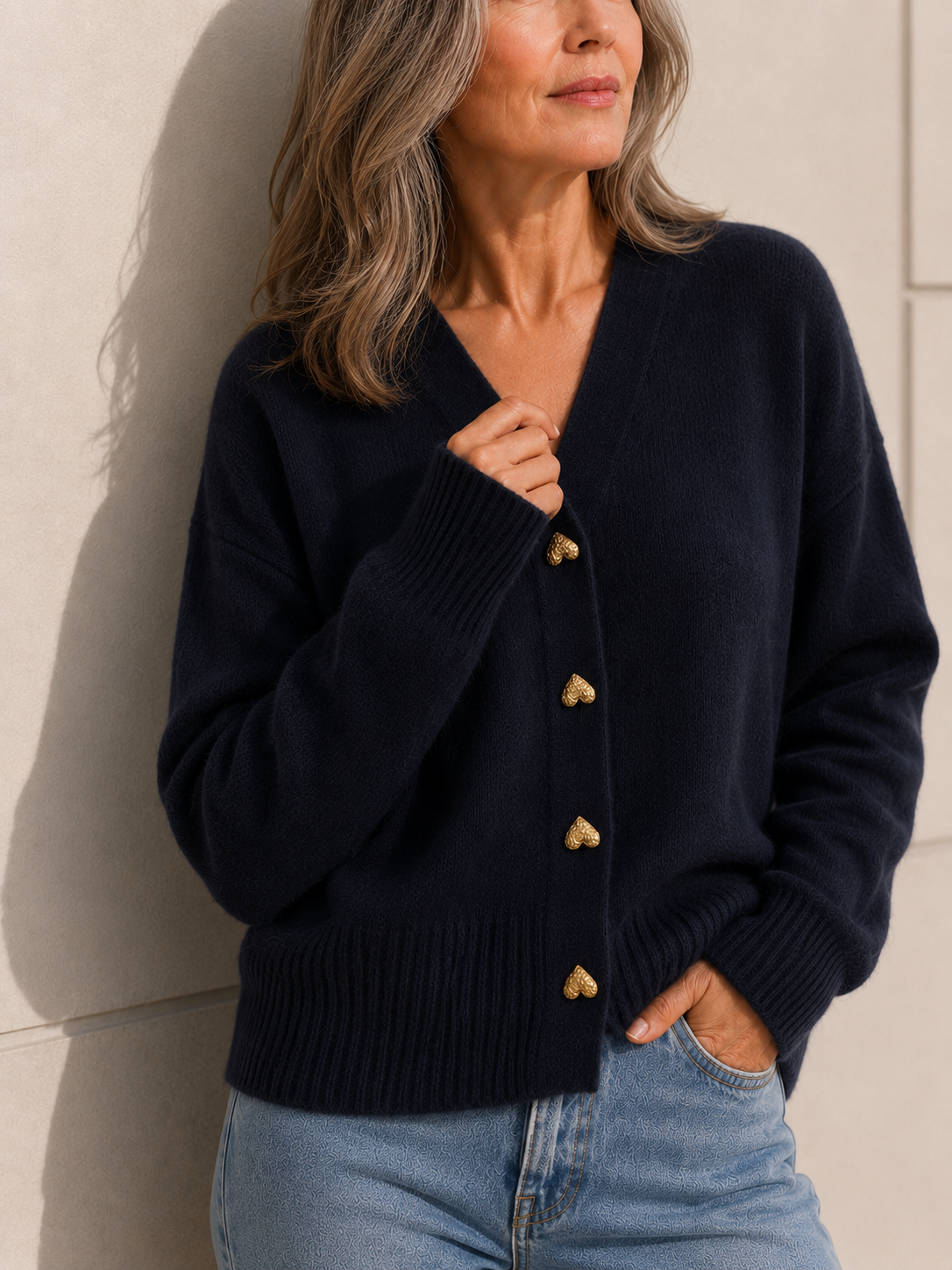 V-Neck Button Front Heart Button Oversized Cardigan 6