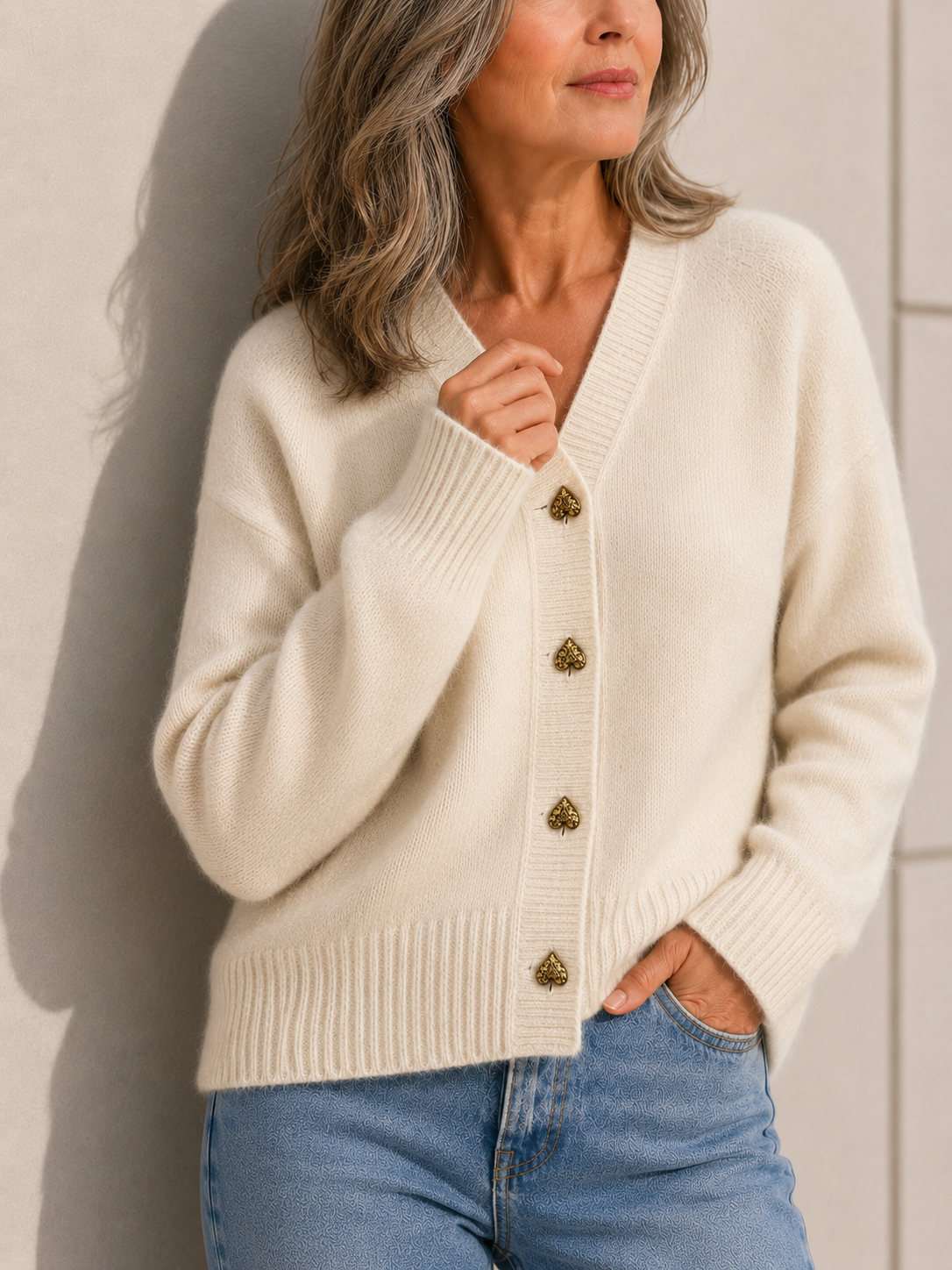 V-Neck Button Front Heart Button Oversized Cardigan 5