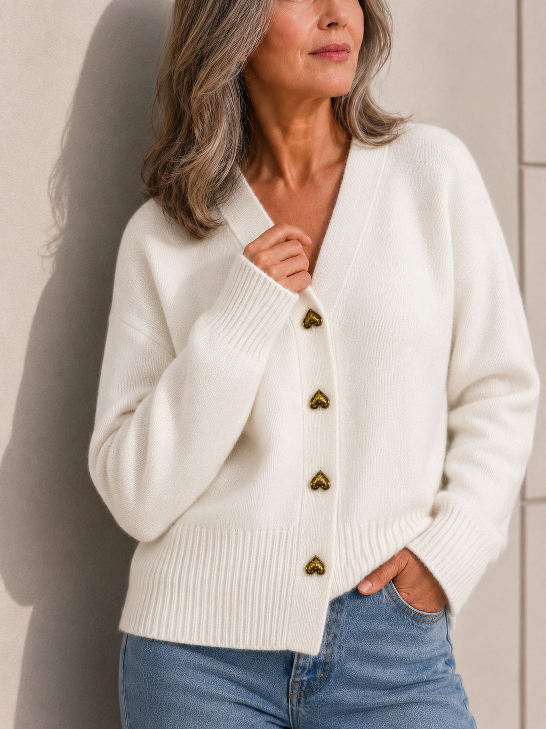 V-Neck Button Front Heart Button Oversized Cardigan 3