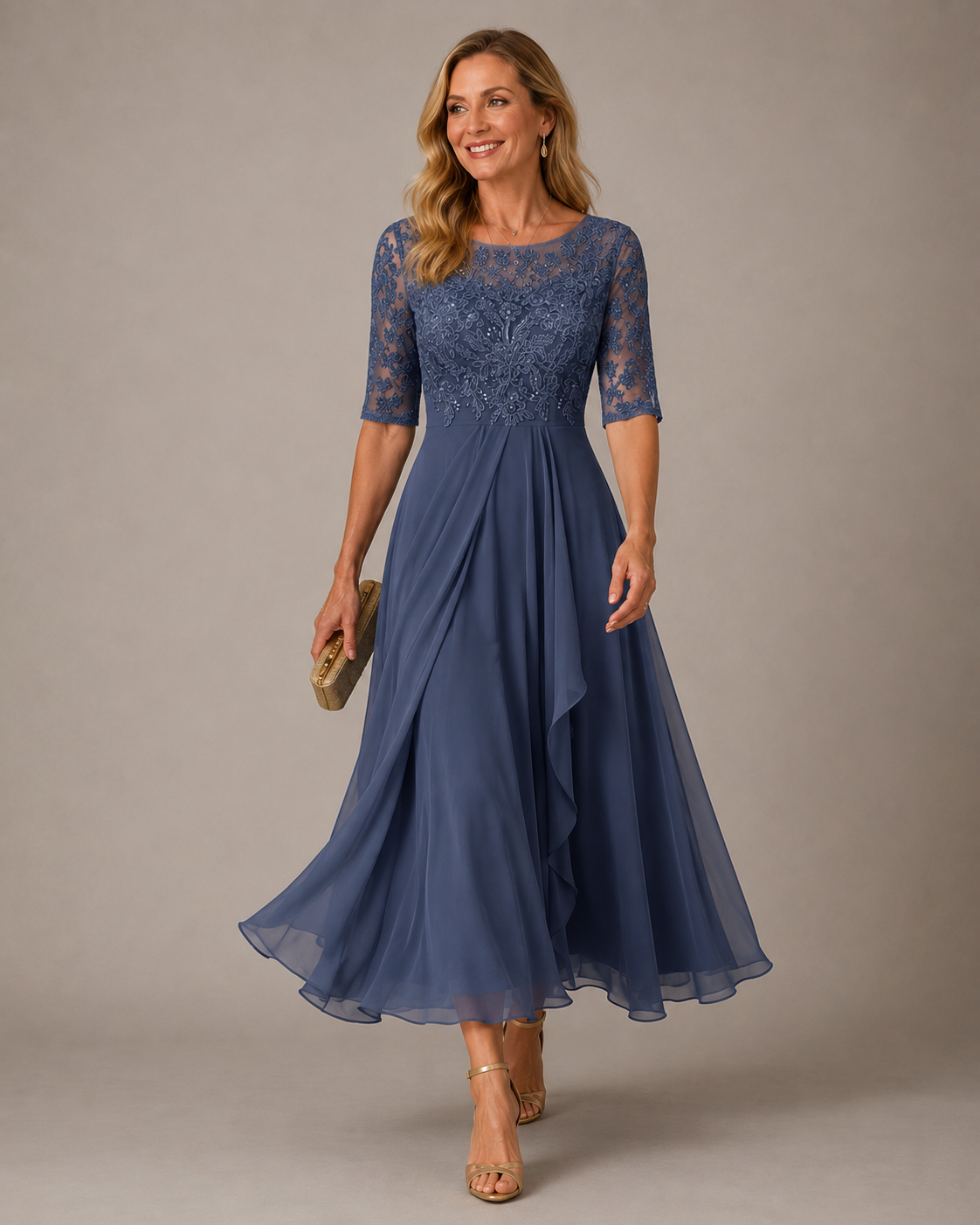 Lace Bodice Half Sleeve Chiffon Draped Formal Midi Dress
