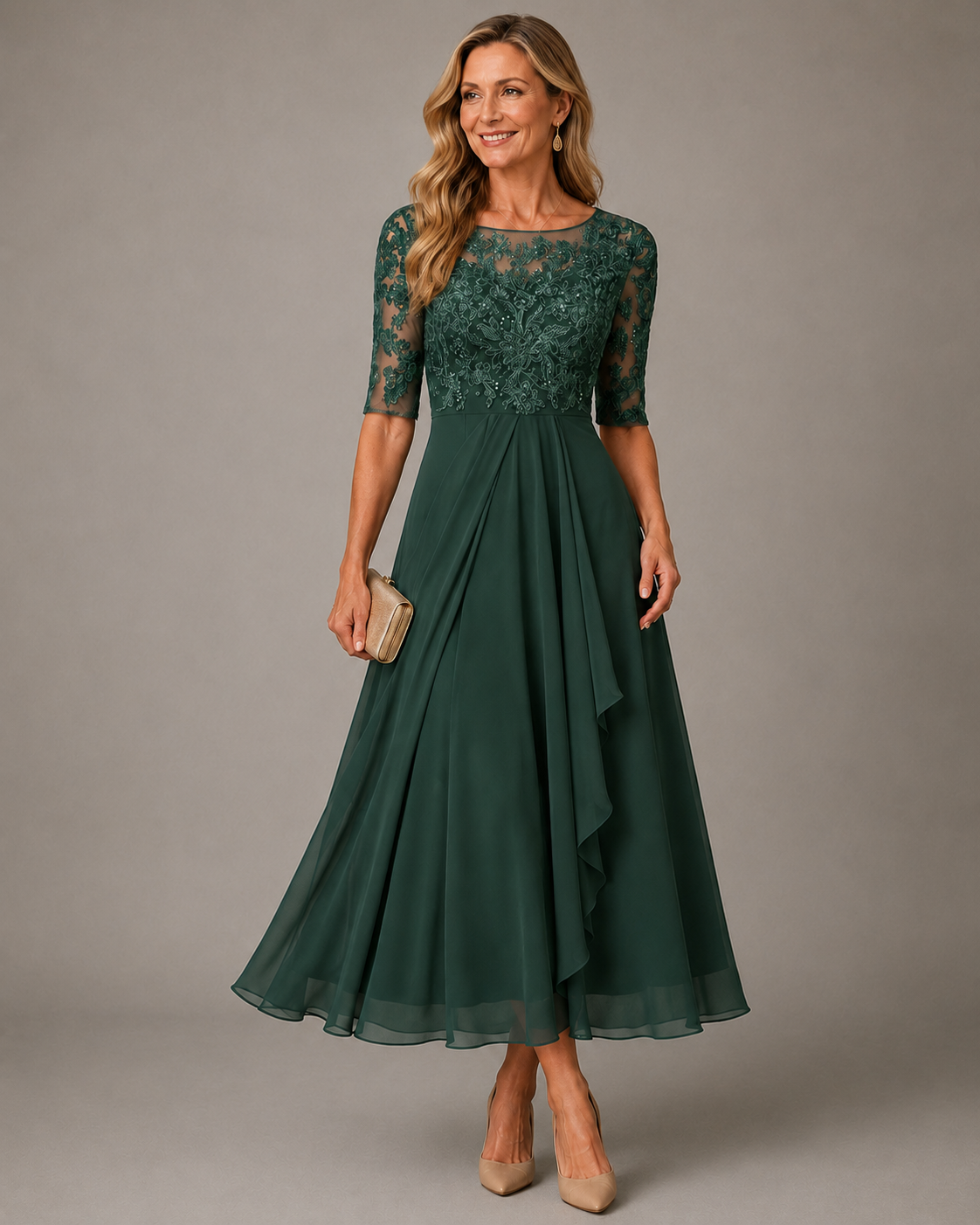 Lace Bodice Half Sleeve Chiffon Draped Formal Midi Dress 4