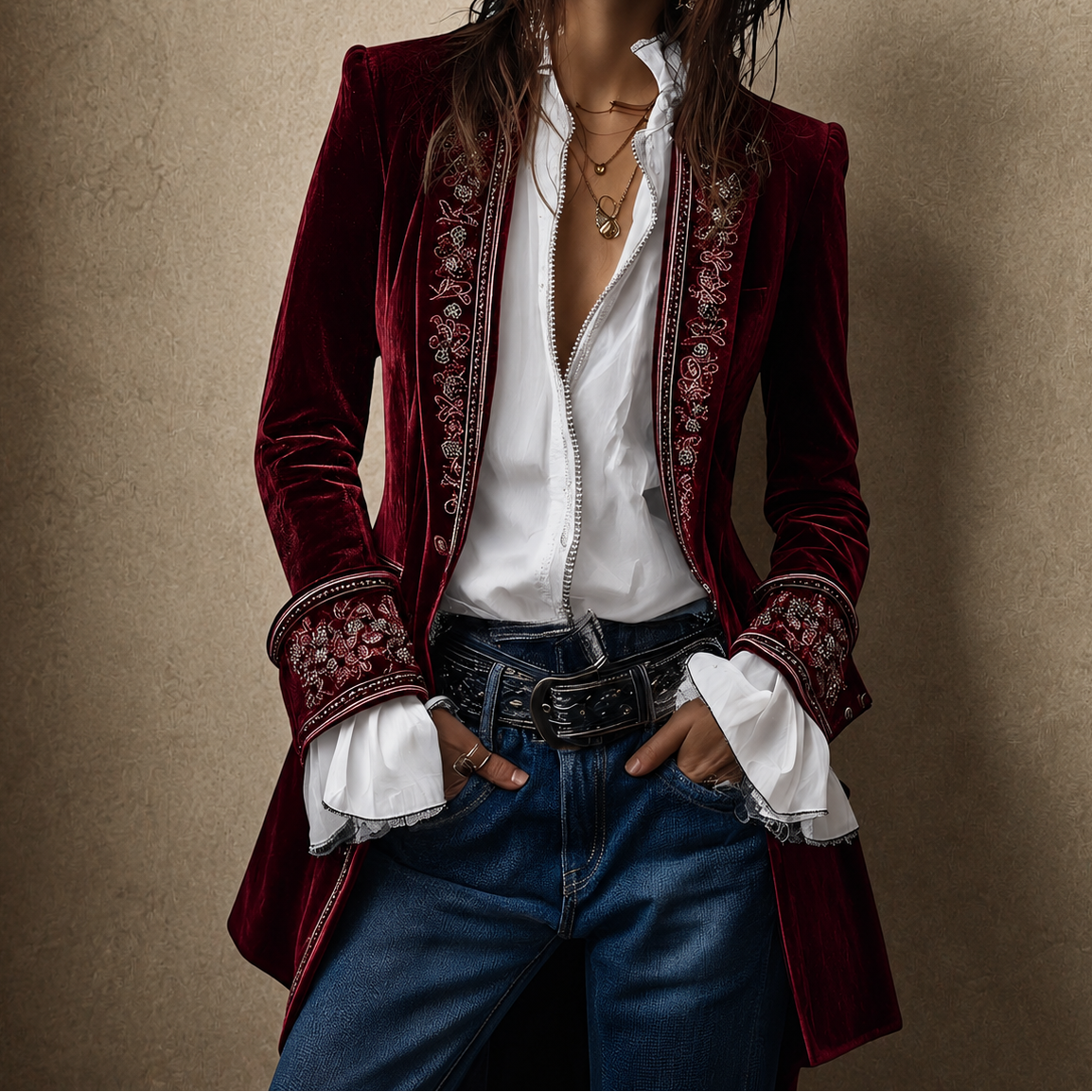 Floral Embroidered Velvet Longline Blazer 3