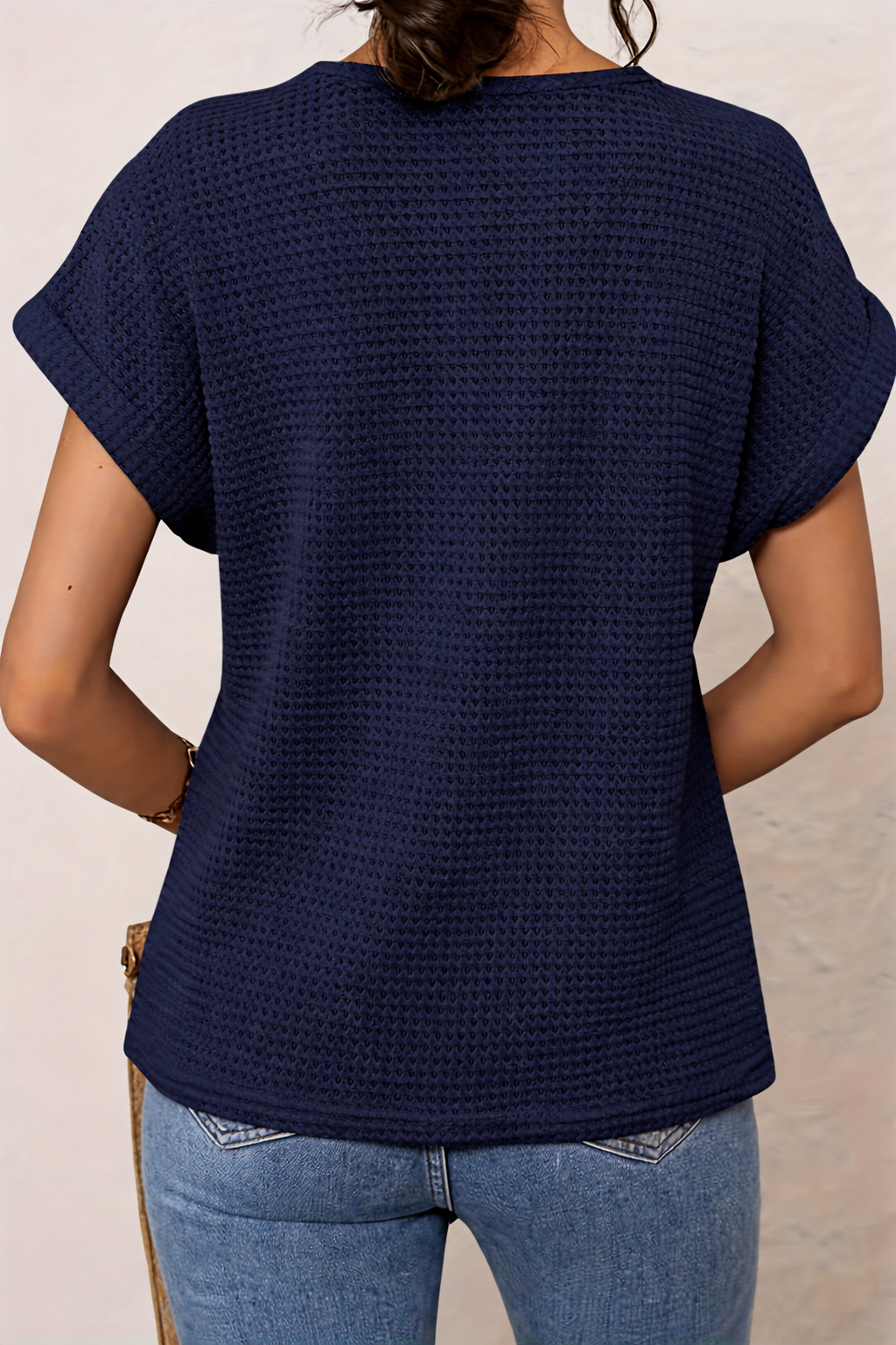 Crochet Lace Panel Waffle Knit Short Sleeve Top 11