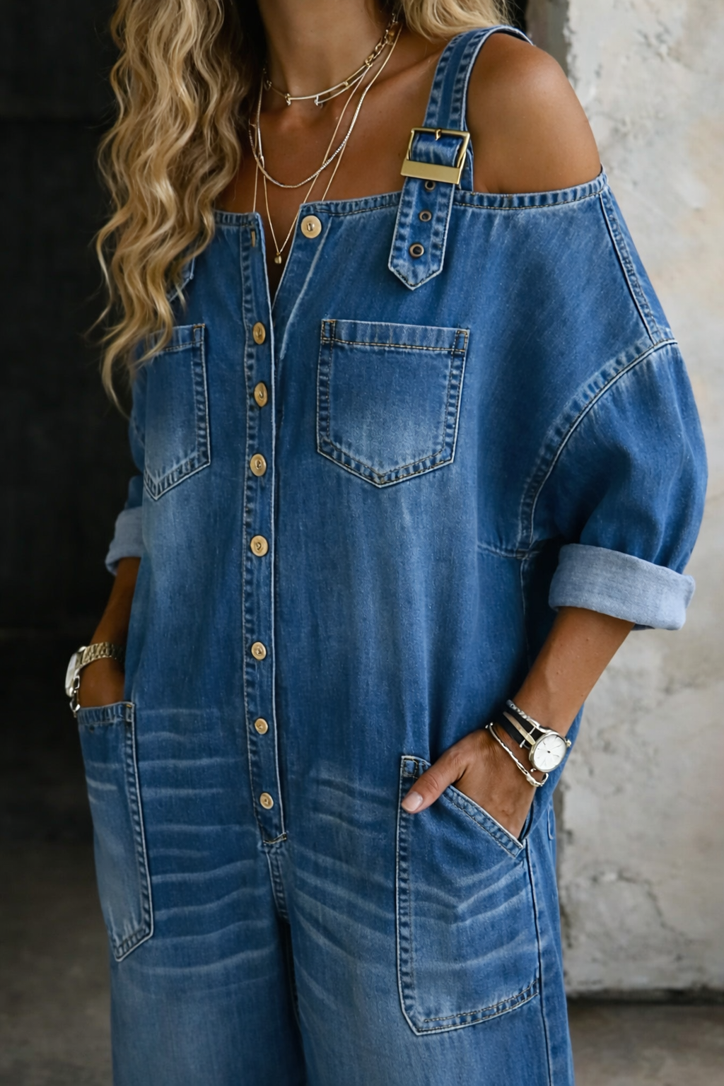 Cold Shoulder Long Sleeve Button Front Wide Leg Denim Jumpsuit 2