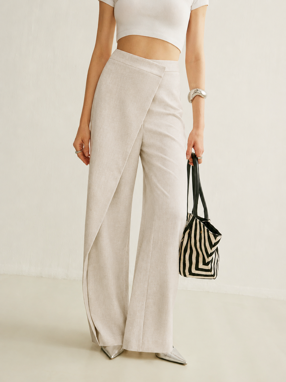 High Waist Wrap Front Wide Leg Pants
