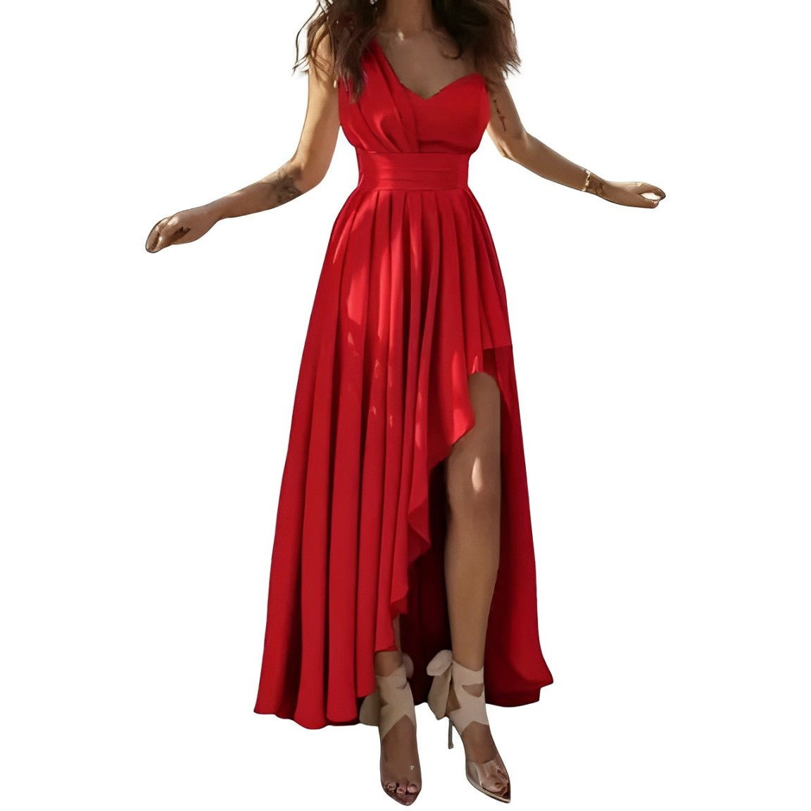 One Shoulder Ruched Bodice Polka Dot Glitter High Low Maxi Gown - View 6