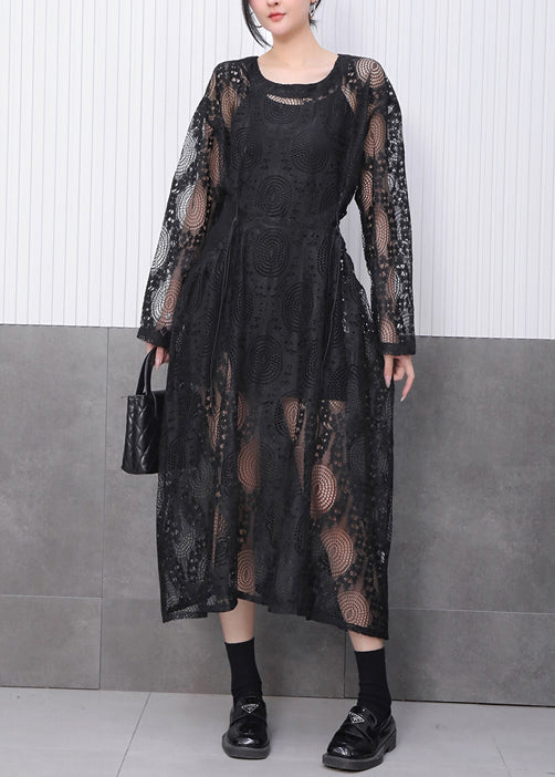 Circle Lace Eyelet Drawstring Waist Long Sleeve Midi Dress - View 2