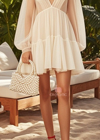 Lace Trim Deep V-Neck Empire Waist Tiered Lantern Sleeve Mini Dress - View 4