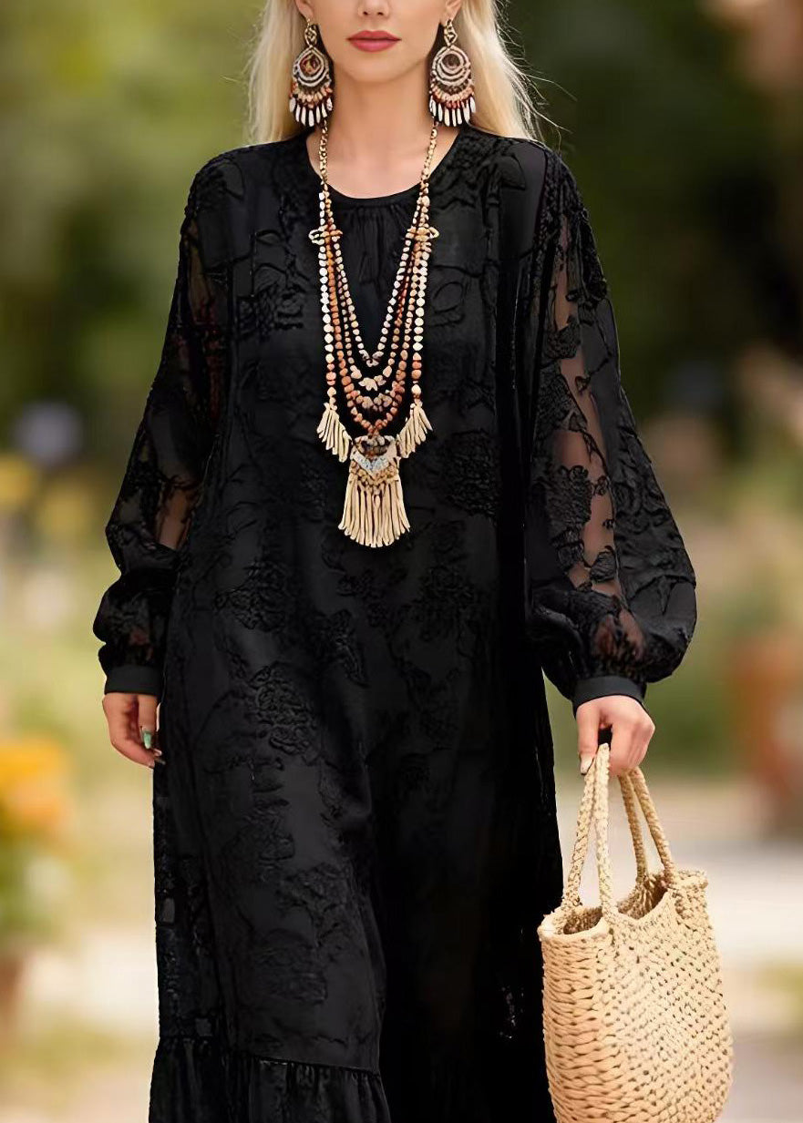 Lace Round Neck Bishop Sleeve Tiered Ruffle Hem Maxi Dress - View 2