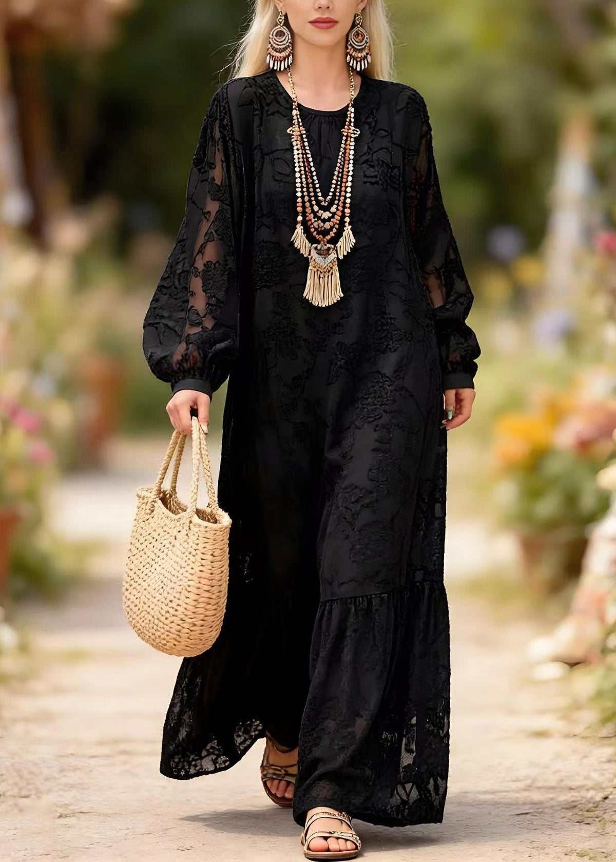 Lace Round Neck Bishop Sleeve Tiered Ruffle Hem Maxi Dress - View 3