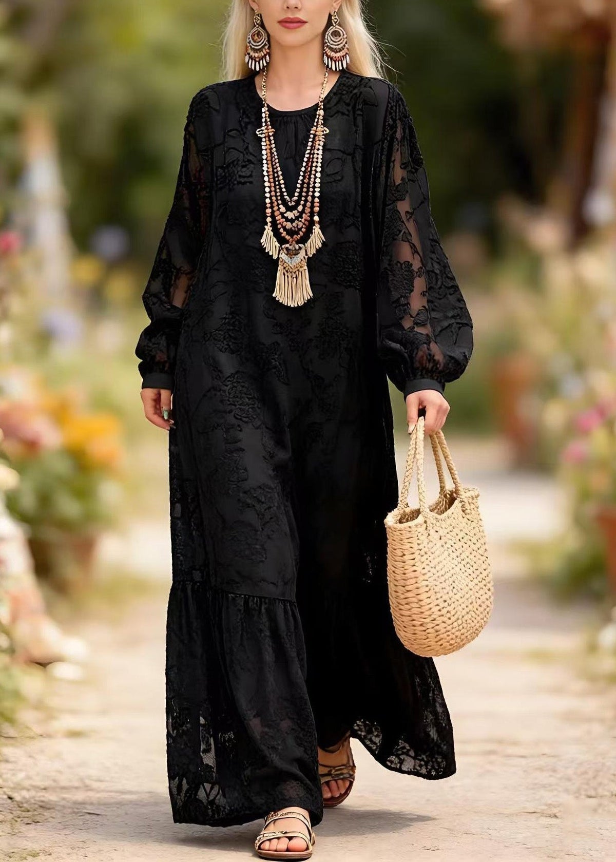 Lace Round Neck Bishop Sleeve Tiered Ruffle Hem Maxi Dress - View 5