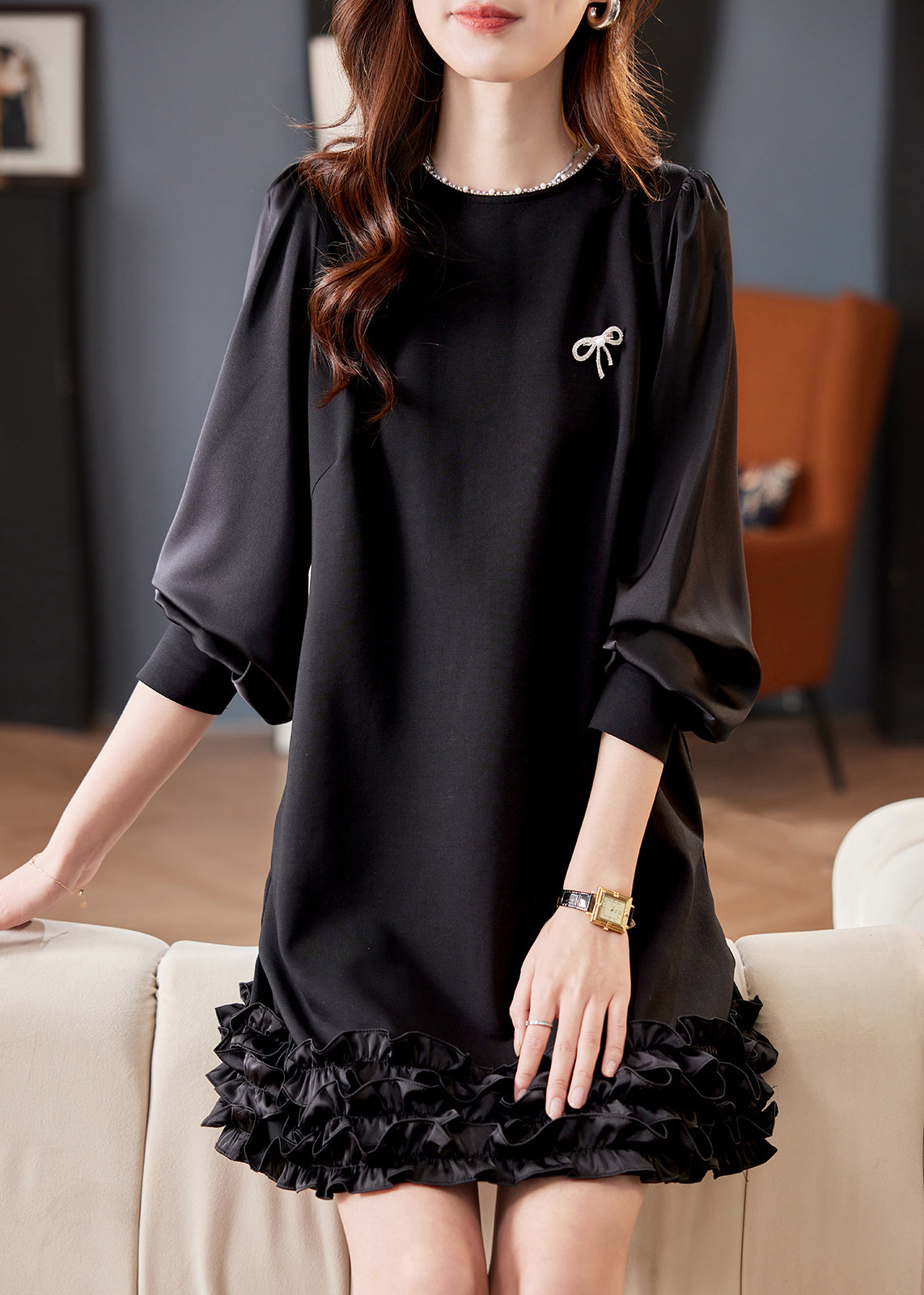 Pearl Trim Crew Neck Lantern Sleeve Tiered Ruffle Hem Mini Dress