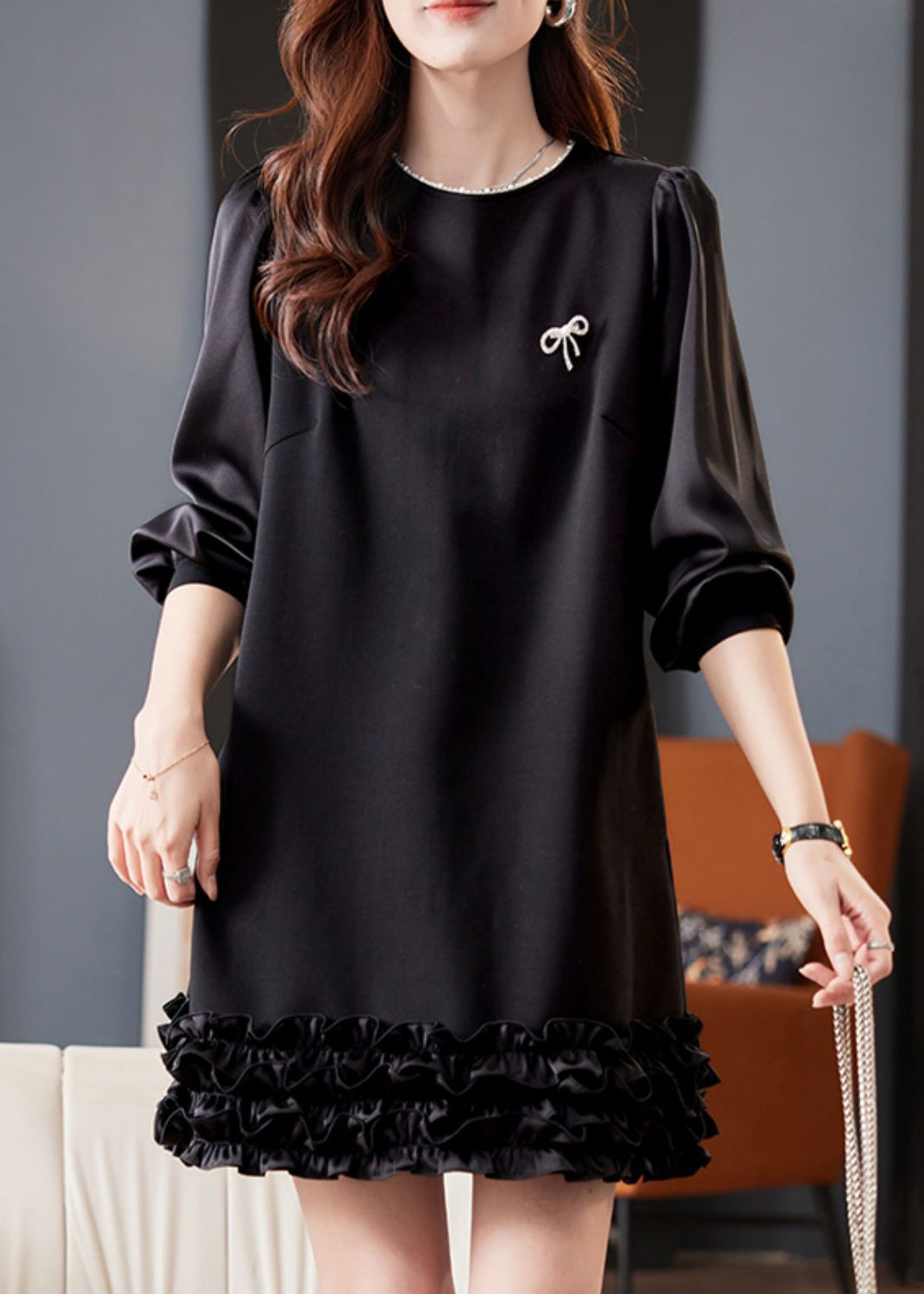 Pearl Trim Crew Neck Lantern Sleeve Tiered Ruffle Hem Mini Dress - View 2