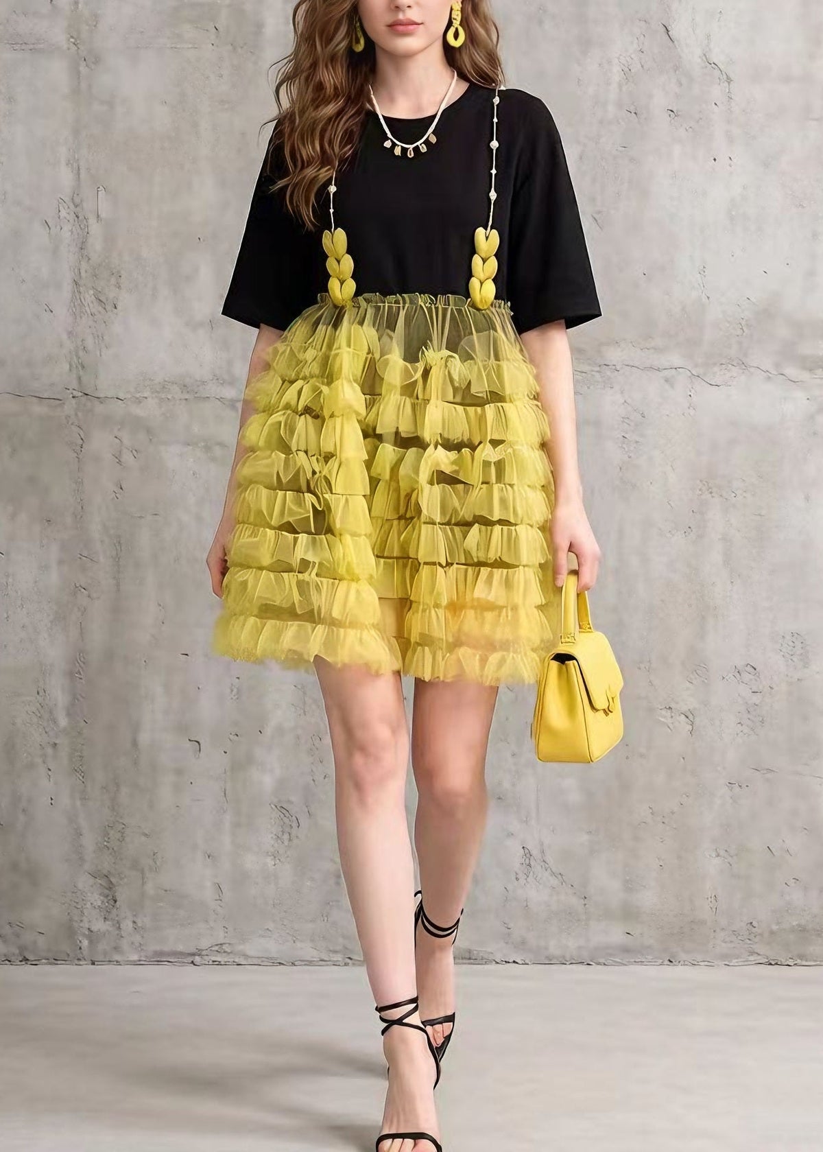 Chic Black Tulle Ruffled Patchwork Cotton Mid Dress Summer