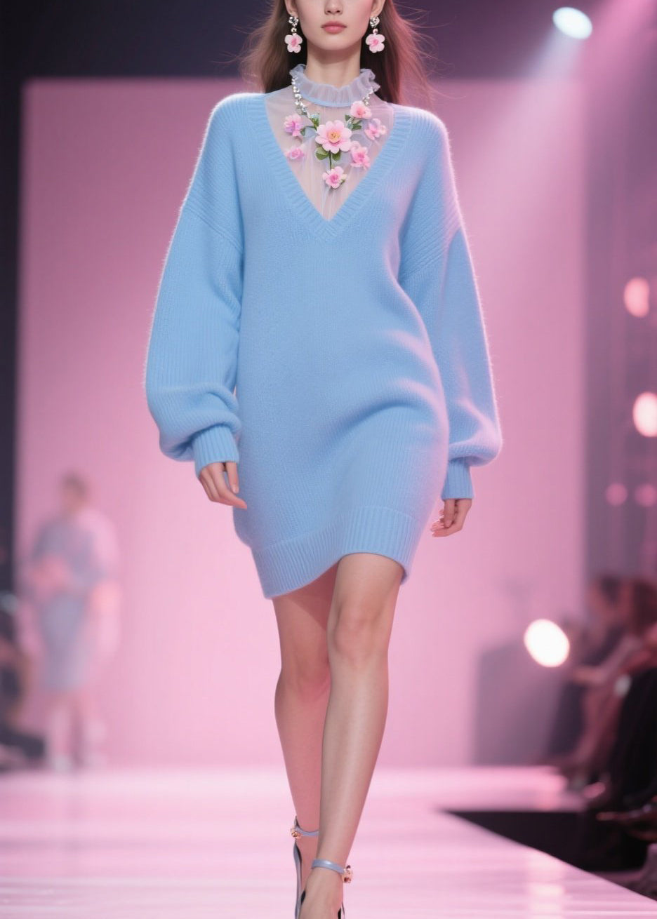 Tulle Floral Mesh Mock Neck Insert V-Neck Puff Sleeve Knit Mini Dress