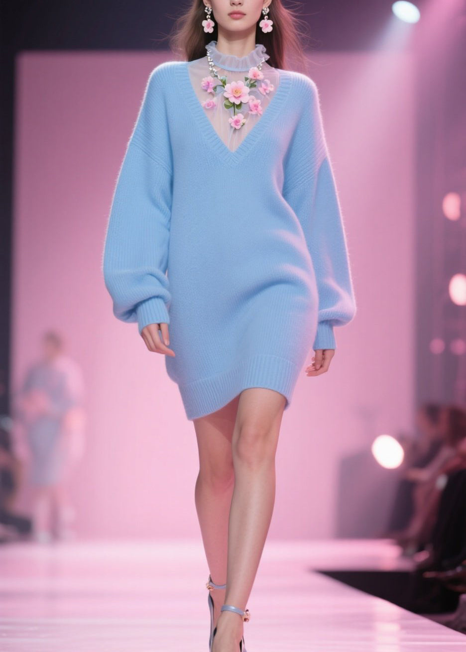 Tulle Floral Mesh Mock Neck Insert V-Neck Puff Sleeve Knit Mini Dress - View 5