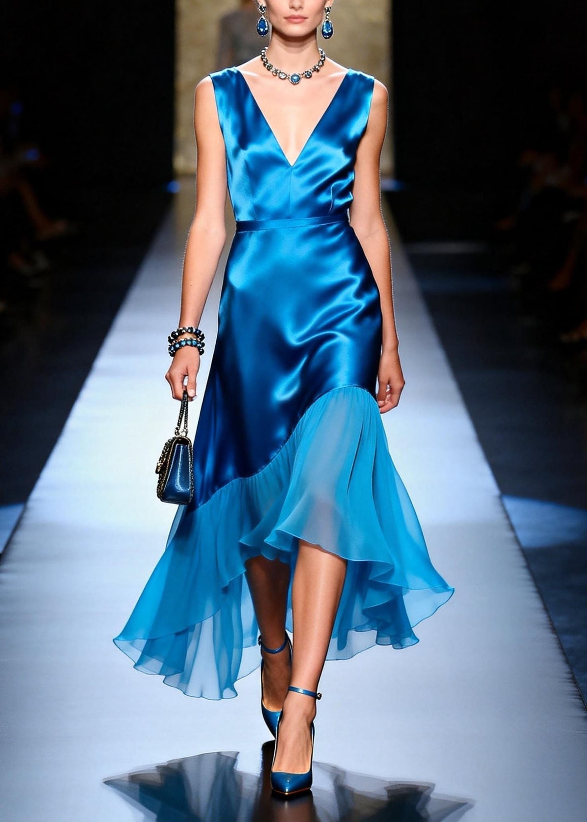 Satin Deep V-Neck Sleeveless Asymmetric Ruffle High Low Midi Dress - View 5