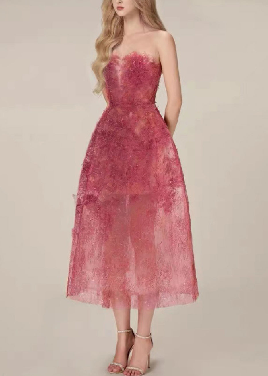 Strapless Lace Overlay Feather Trim Sheer Skirt A-Line Midi Dress
