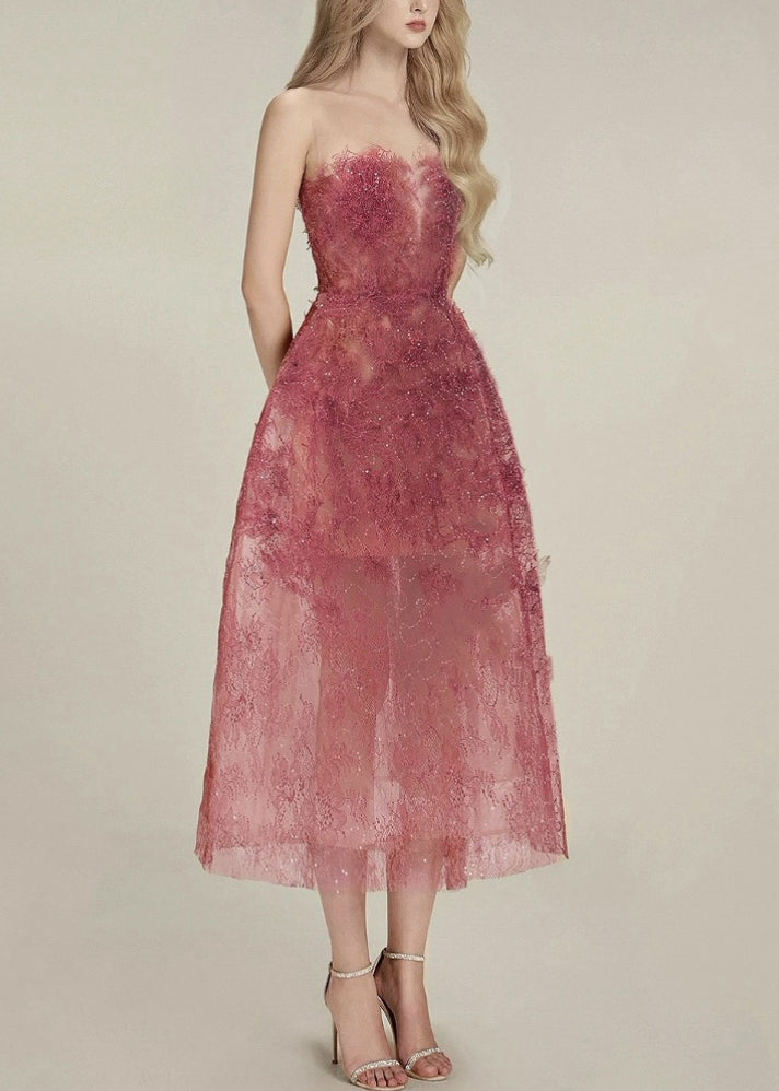 Strapless Lace Overlay Feather Trim Sheer Skirt A-Line Midi Dress - View 3